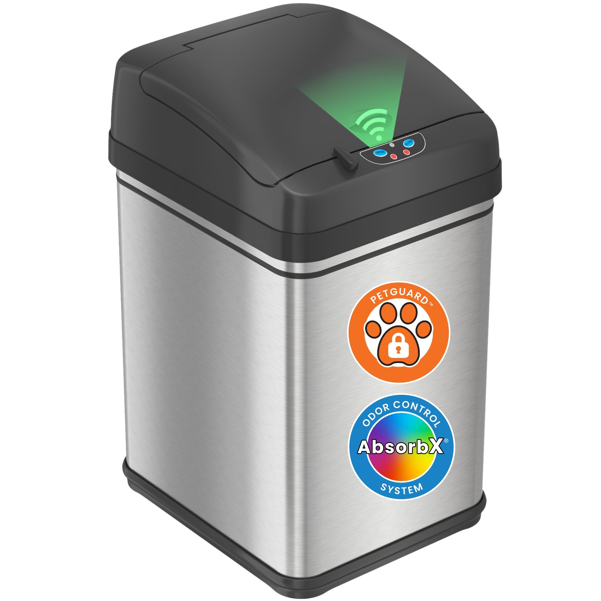iTouchless 8 Gallon / 30 Liter Sensor Dog Poop Trash Can with Lid &amp; AbsorbX Odor Filter, Pet-Proof Lid Lock Pet Stainless Steel Touchless Waste Bin, Large Capacity, Silver