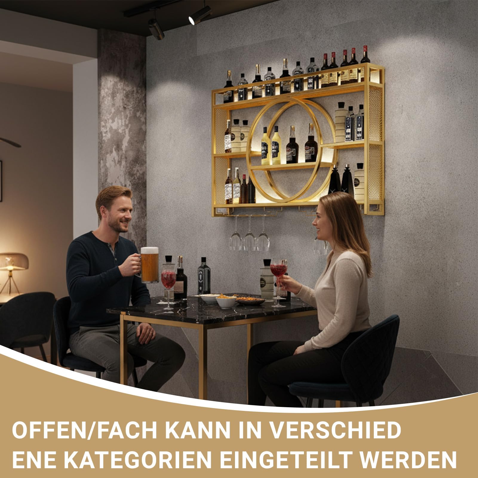 Botellero Metal Oro Pared Bar Estante Colgante Muebles 100 * 15 * 80 cm | Wandbar Flaschenregal Weinregal mit Glashalter Barregal Wand Deko Wandmontage Weinregale Schnapsregal für Küche Restaurant