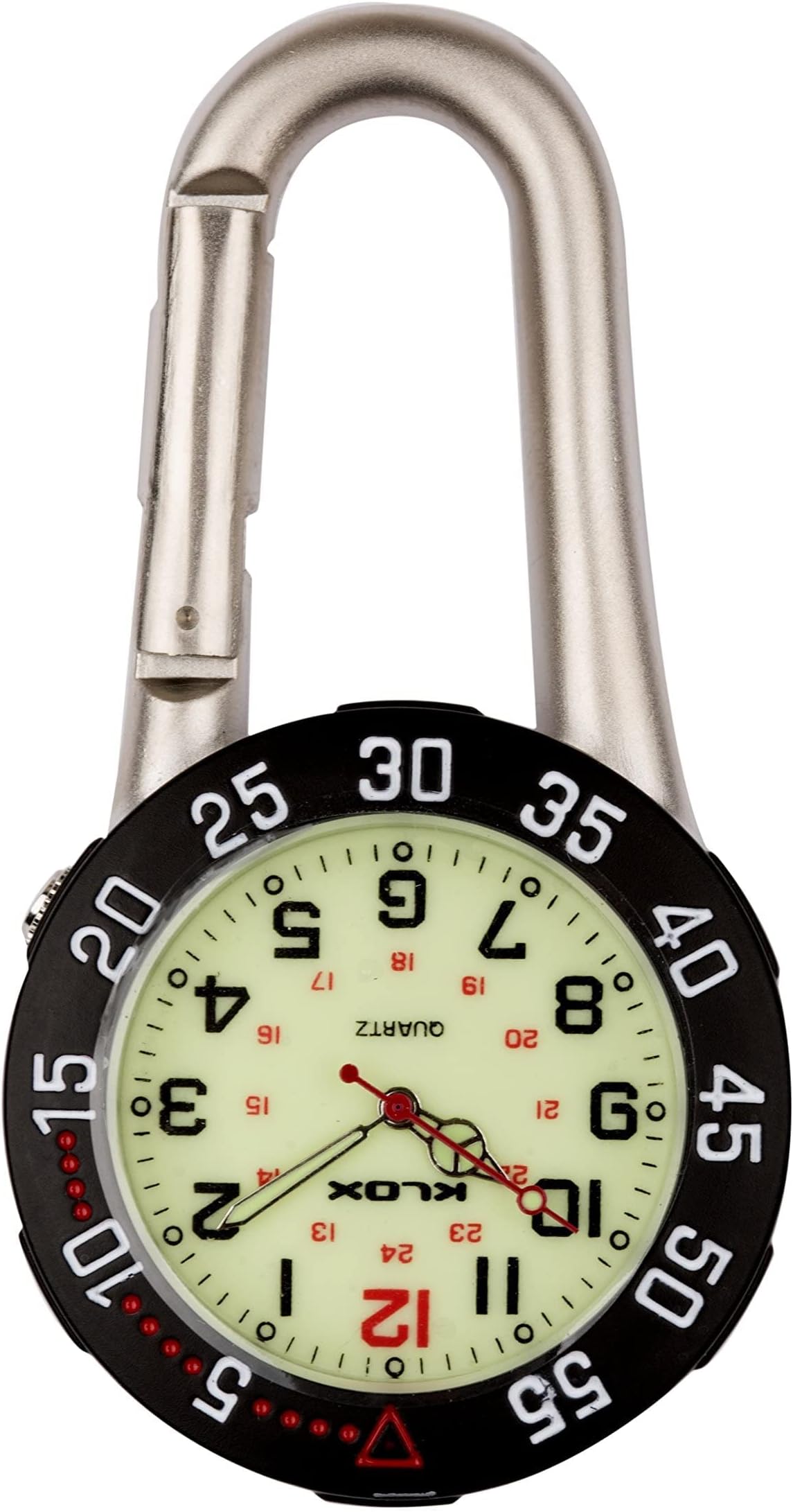 Klox Silver Clip on Carabiner with Black Rotating Bezel Luminous Face FOB Watch for Doctors Nurses Paramedics Chefs