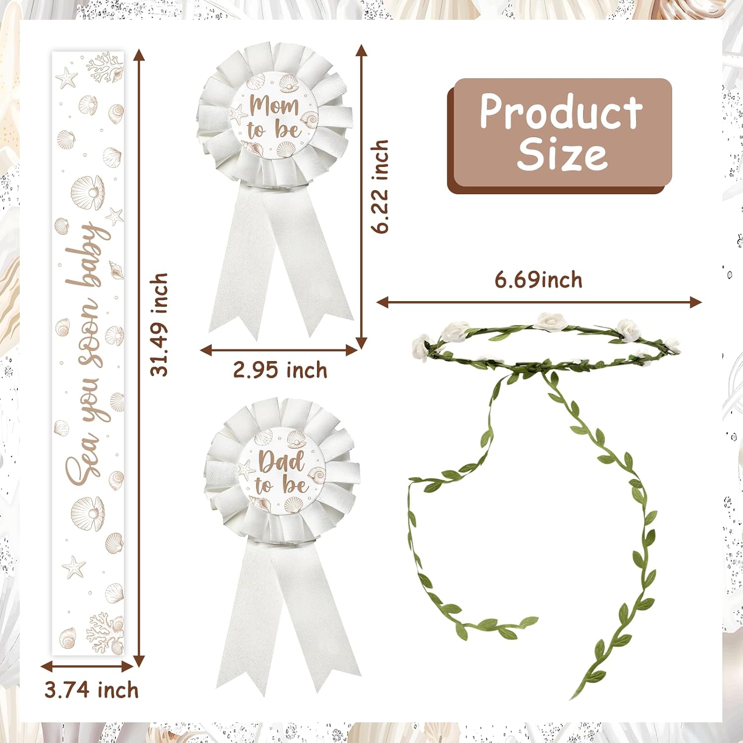 Sea You Soon Baby Shower Decorations, White Seashell Sash, Floral Crown, Mom to Be and Dad to Be Badge Pins – Nautical Ocean Theme Gender Neutral Baby Party Accessories for Parents to Be