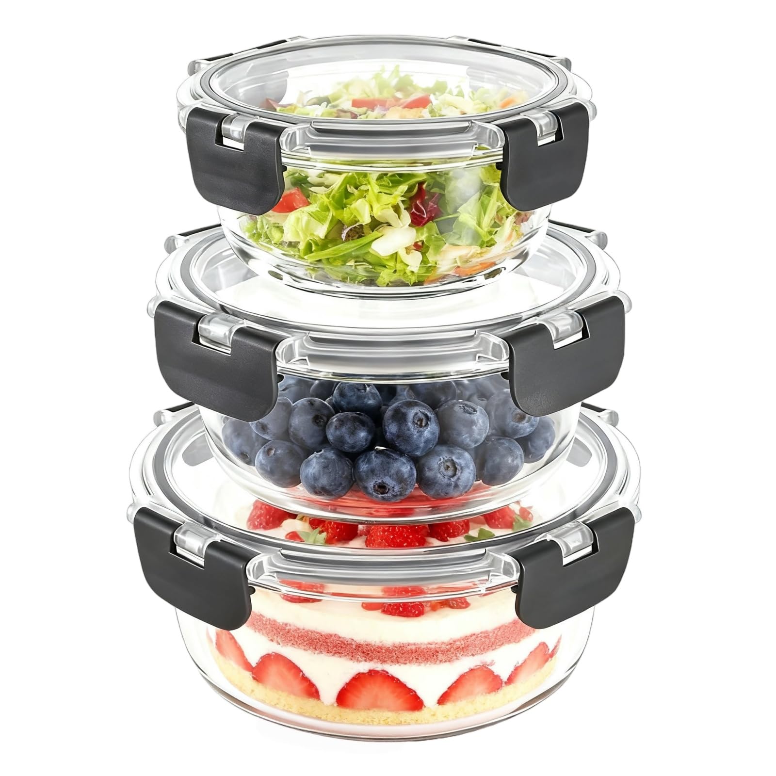 Siocok 3Pack - Rotundity 3 Pack Glass Meal Prep Containers, With Airtight Lids, Round Leakproof Lunch Box, Stackable Glass Food Storage Containers Set, Freezer, Ov-En, Microwave & Dishwasher Safe (3Pack - Rotundity)