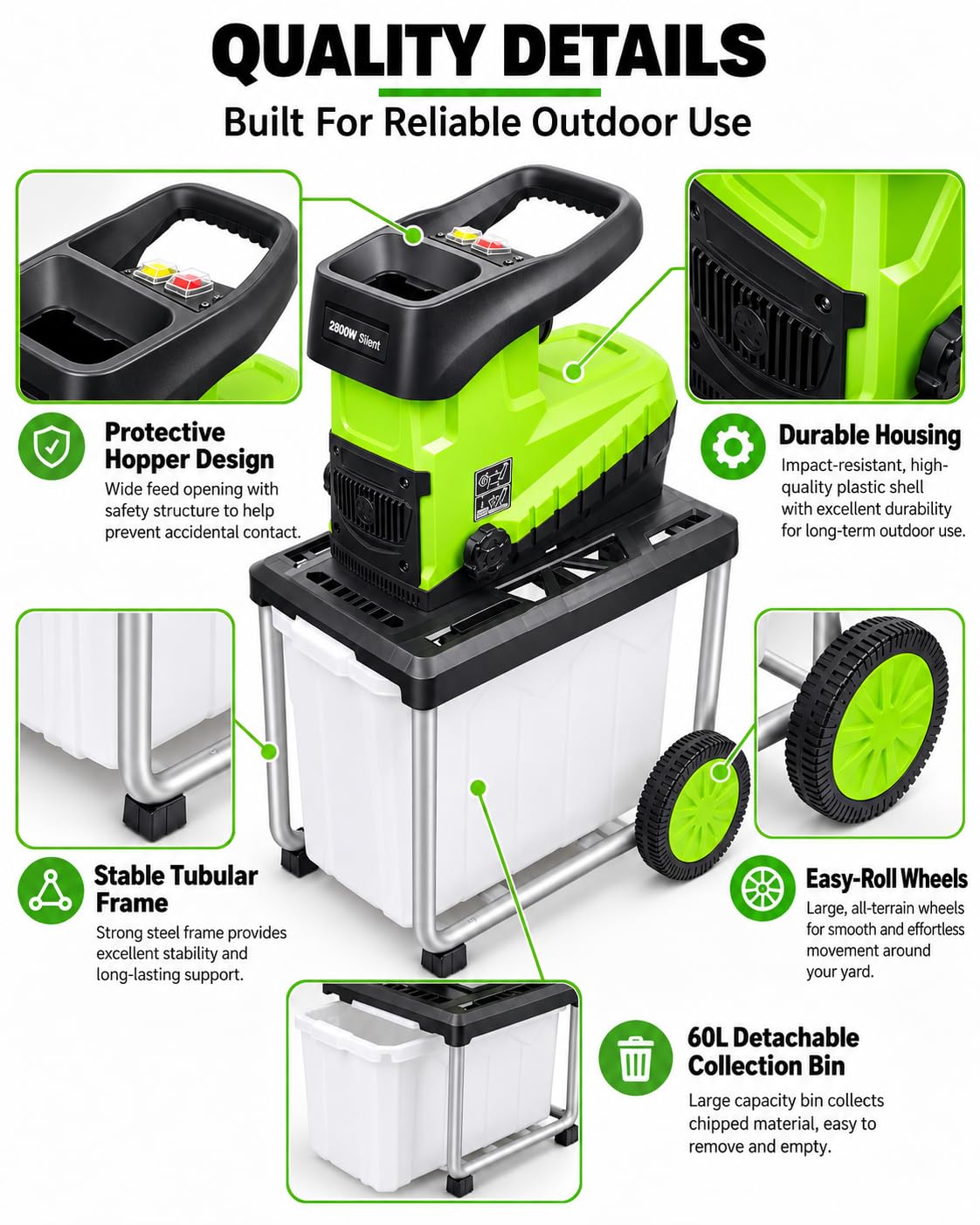 Broyeur De Jardin Électrique 2800W, Pour Branches Jusqu’à 45mm