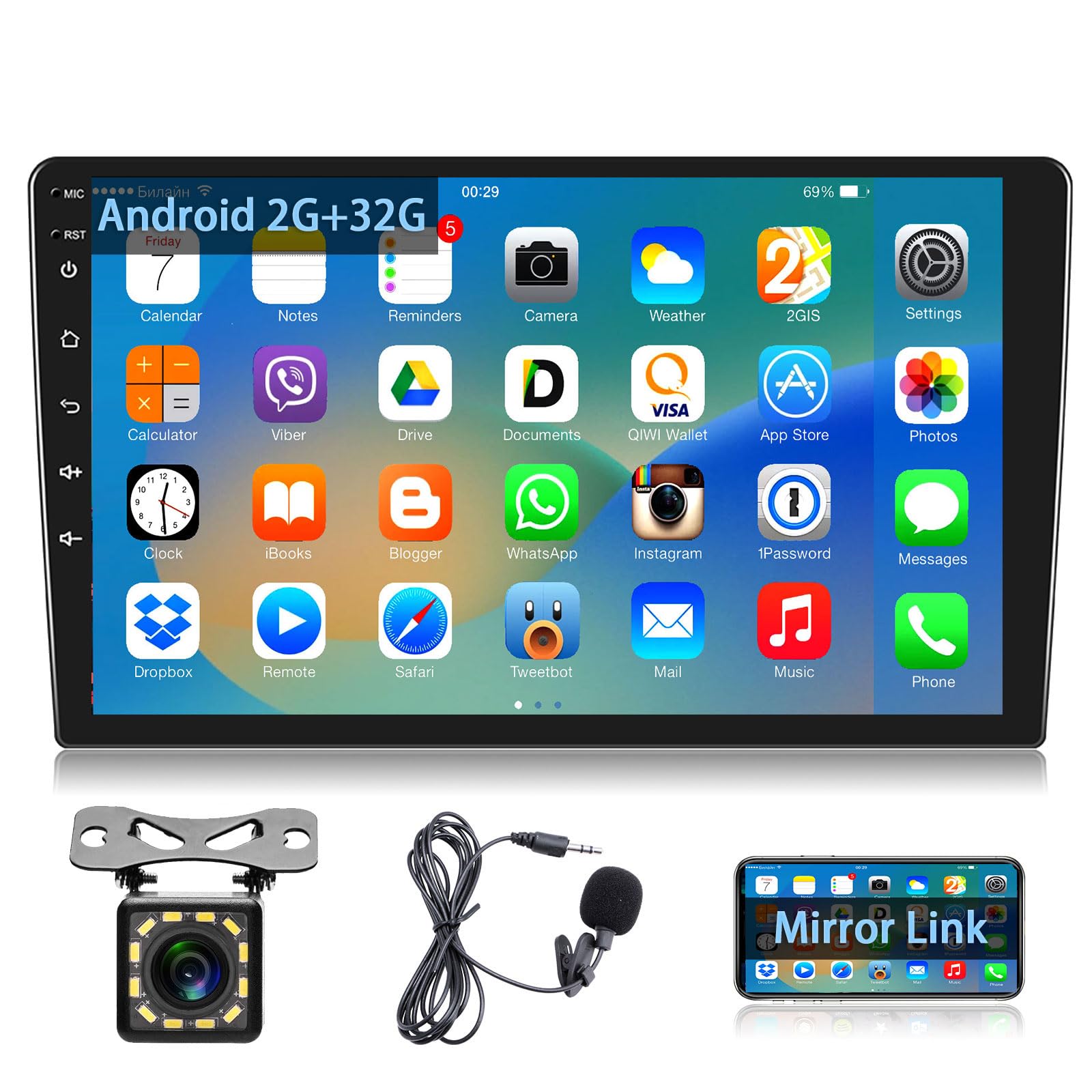 Podofo Android Autoradio 2 Din con Navigazione GPS, Bluetooth, 24 Desktop a Tema, Autoradio da 9 Pollici con Schermo con WiFi, FM/RDS, Collegamento Speculare, Telecamera per la Retromarcia (2+32G)