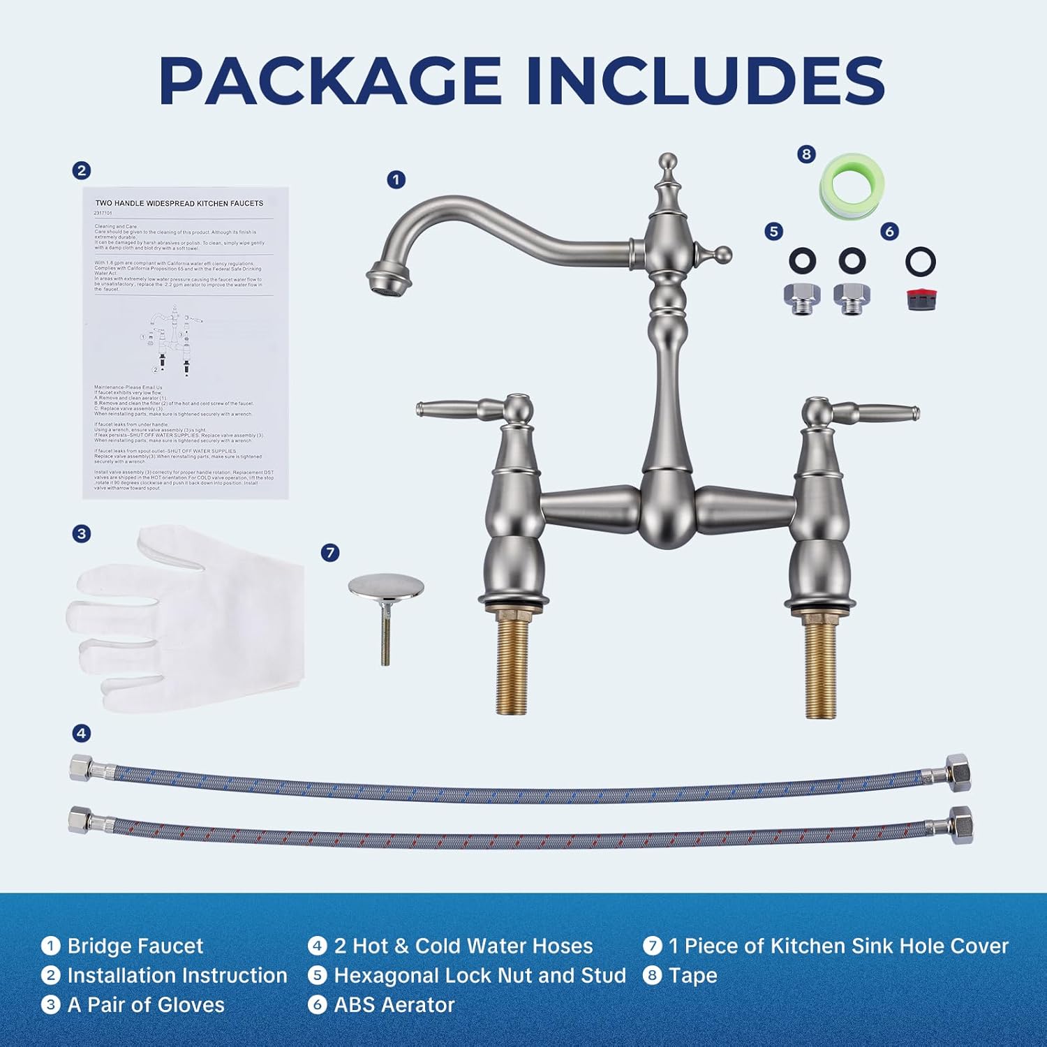 Bridge Centerset Kitchen Faucet for Sink, Deck Mount Brass Vintage Farmhouse Kitchen Faucet, 2 Handle 2 Hole 360 Degree Swivel Copper Faucet, Brushed Nickel