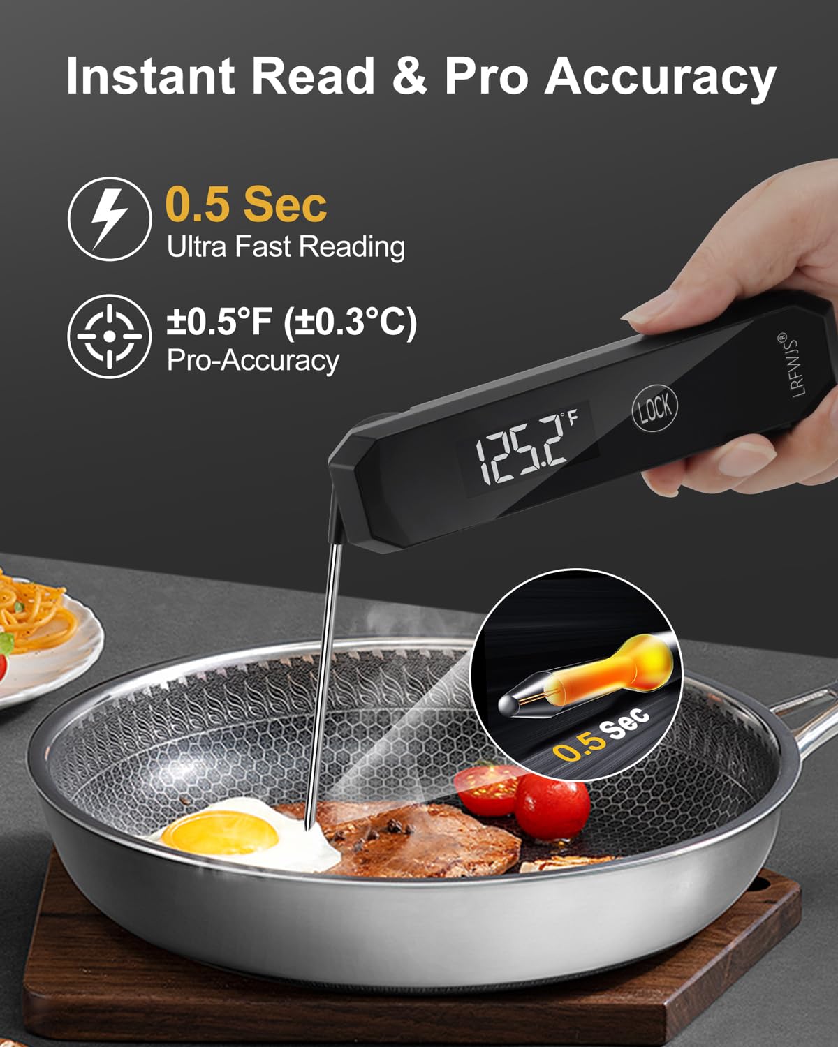 Meat Thermometer Digital 0.5 Sec Instant Read Thermometer, Accurate to ±0.5°F Ultra Fast Digital Food Thermometer for Cooking Outside Grill BBQ, 180° Auto Rotating Display, Waterproof, Auto Wake/Sleep