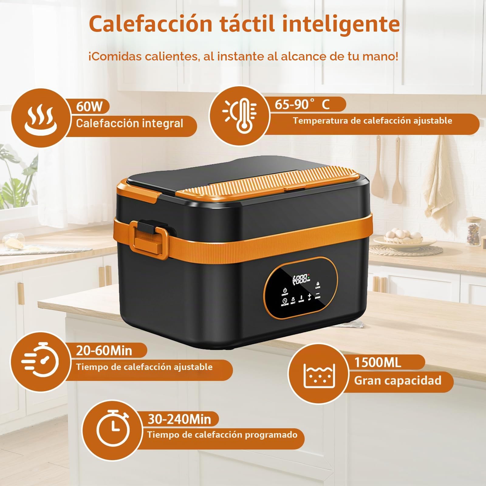 Fiambrera Eléctrica con Batería de 18.000 mAh, Fiambrera Térmica de 1,5 L de Acero Inoxidable 304, Calentamiento Rápido de 60 W, Recipiente Extraíble con Tenedor & Cuchara