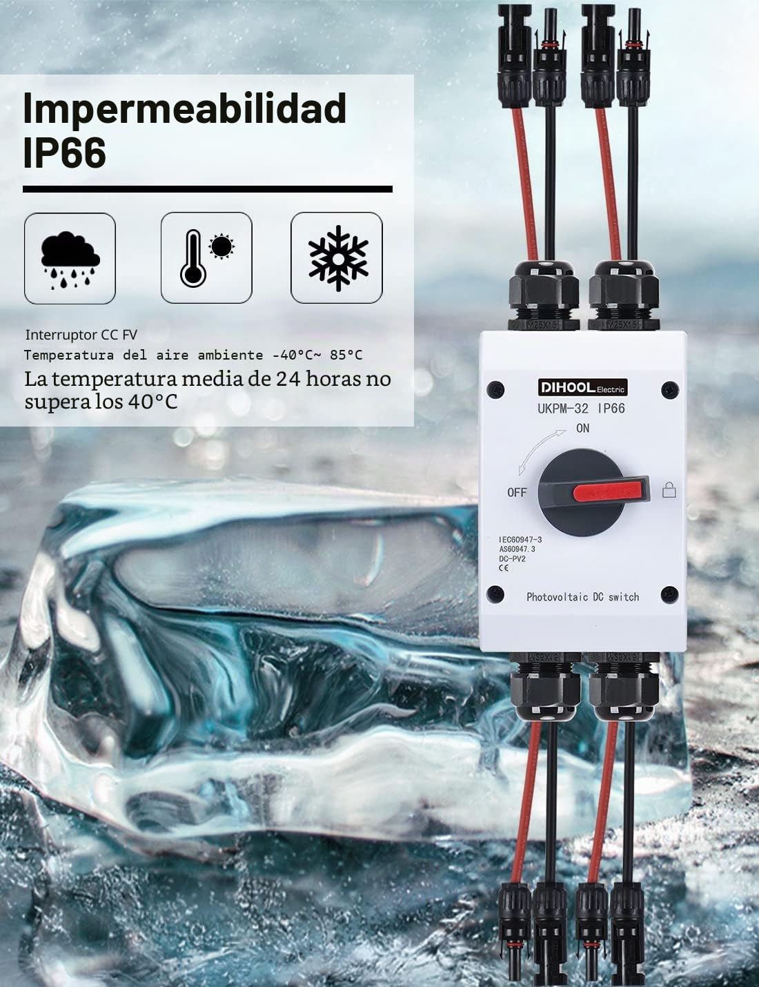 DIHOOL Interruptor de separación CC 2 cuerdas, sistema PV con caja de conexión generador, máquina de fusibles automática 32 A, IP66, interruptor solar, caja de conexiones