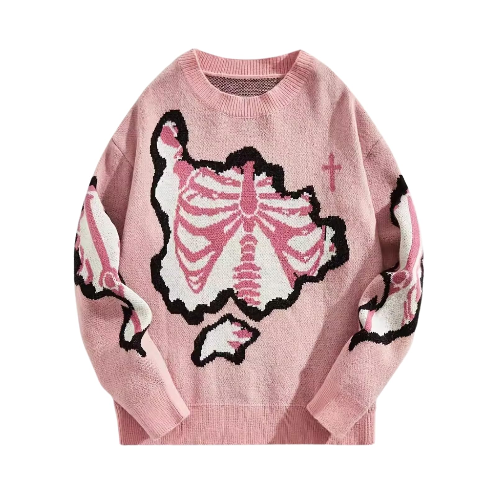 BAIMORE Unisex Y2k Costume Party Crewneck Skeleton Crochet Long Sleeve Loose Pullover Sweater Pink S