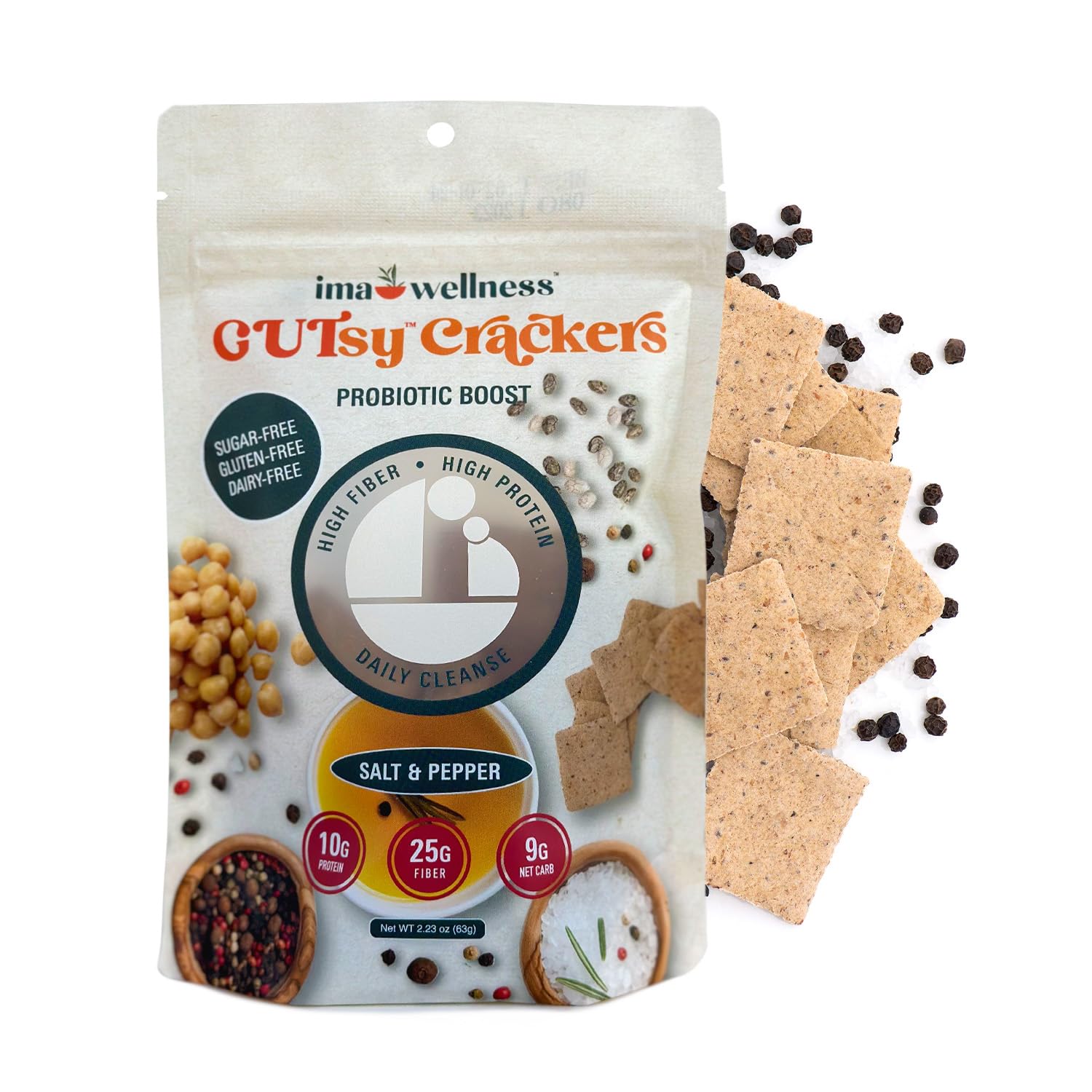 GUTsy GUT Health Snack Pack Salt & Pepper - 10 Days Supply of Nutritious, High Fiber, High Protein, Gluten Free, Sugar Free, Dairy Free, No Preservatives - 10 Pouches for your Daily Cleanse