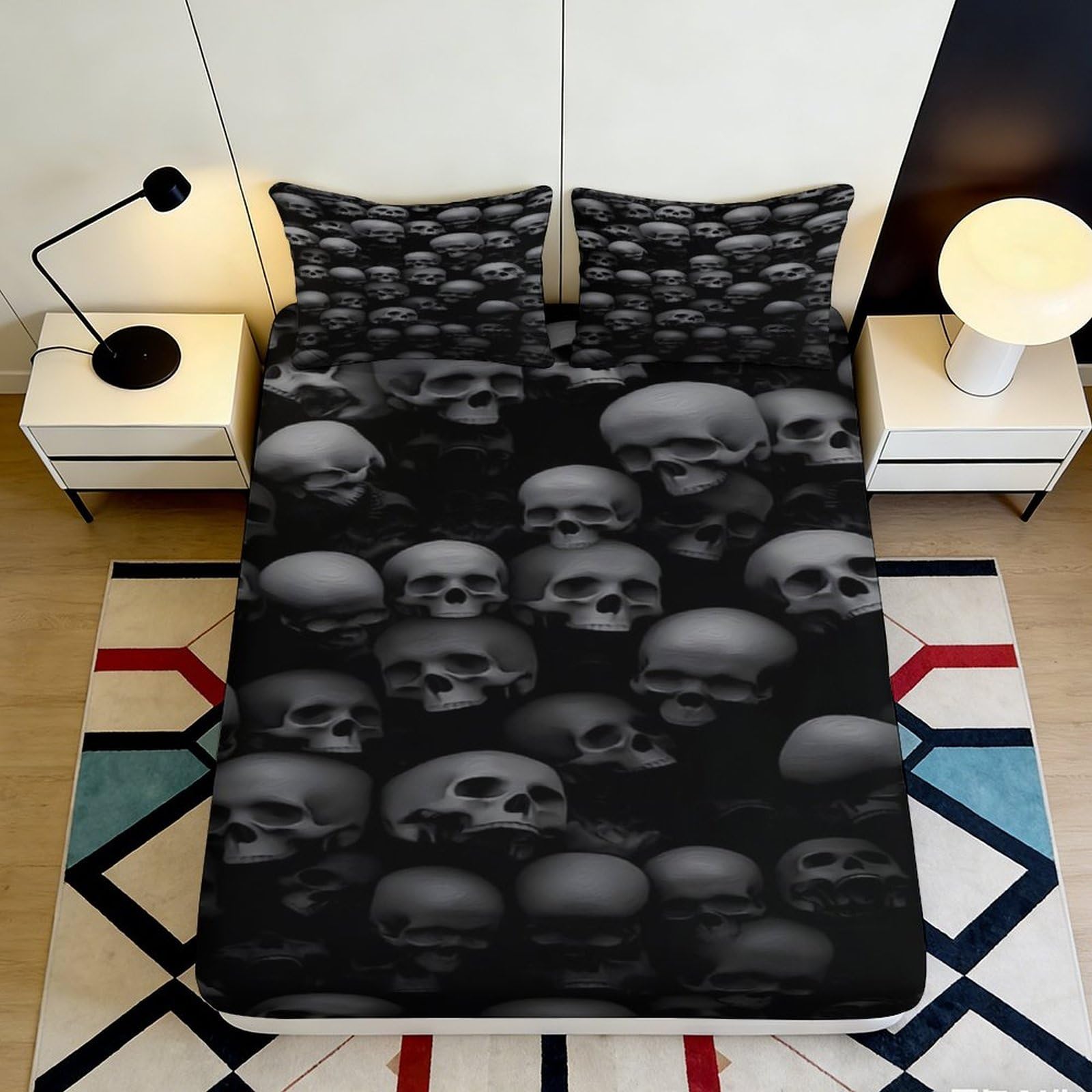 3D Printed Black Skull Fitted Sheet Microfiber Soft Gothic Skeleton Bed Cover for Bedroom Guest Room Decoration 90x200x25cm
