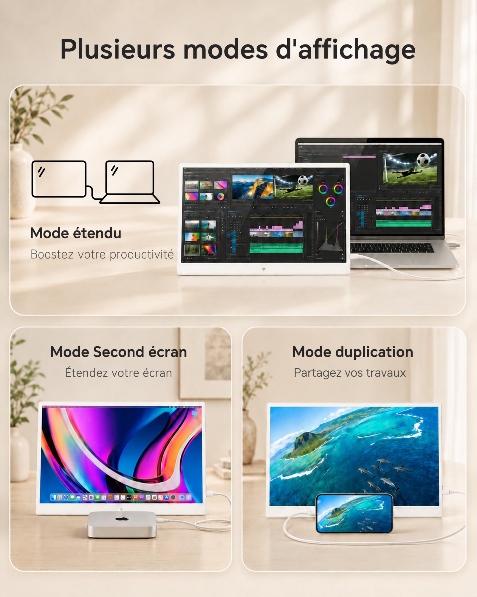 KTC Écran Portable 15,6" 1920x1080 FHD IPS, USB-C & Mini HDMI Écran Externe, HDR10, Moniteur de Jeu Ultra-Fin Portable avec Support & Haut-parleurs, pour Laptop/PC/Mac/PS3/PS4/PS5/Xbox, Blanc
