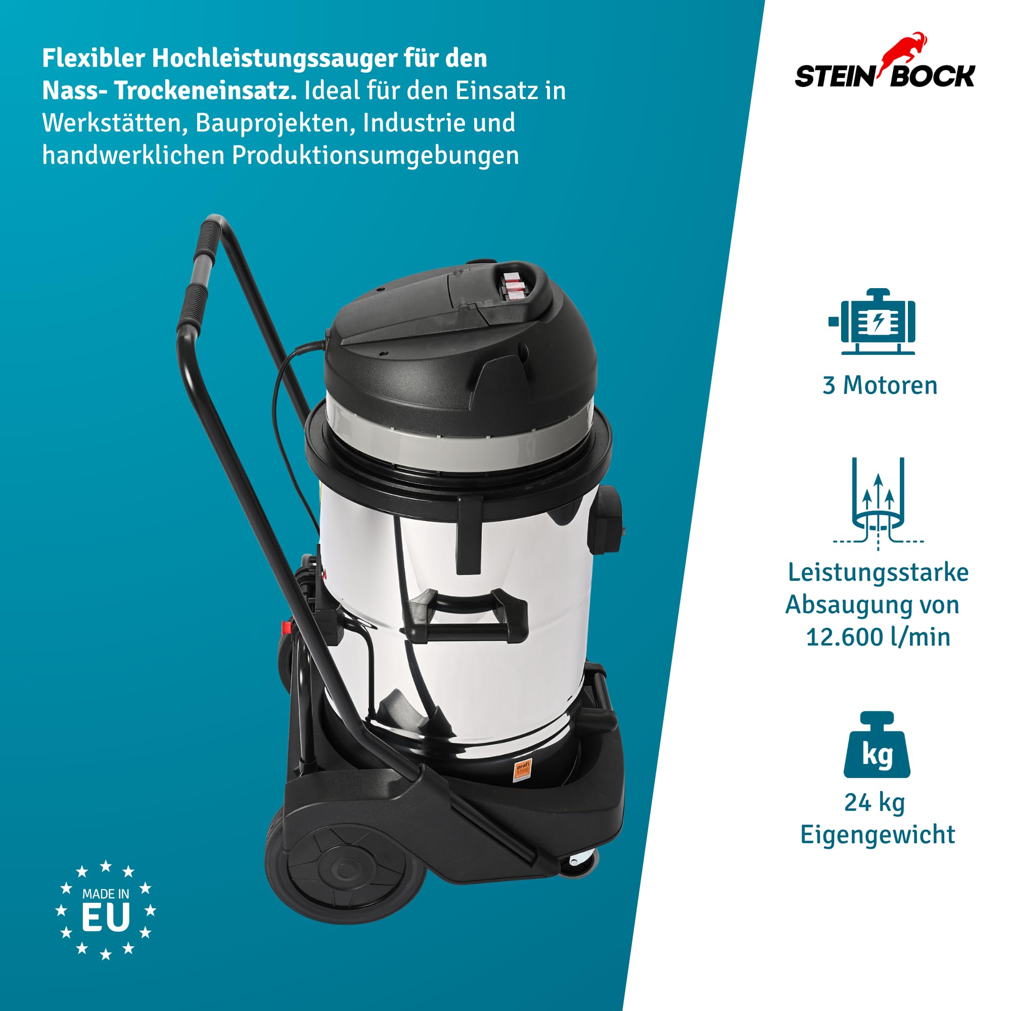 Steinbock Industriesauger nass & trocken| 3.300 Watt | 78 l Fassungsvermögen | mit 3 leistungsstarken Motoren | Für Flüssigkeiten, Feinstaub und groben Schmutz |Kippfahrgestell | Edelstahltank