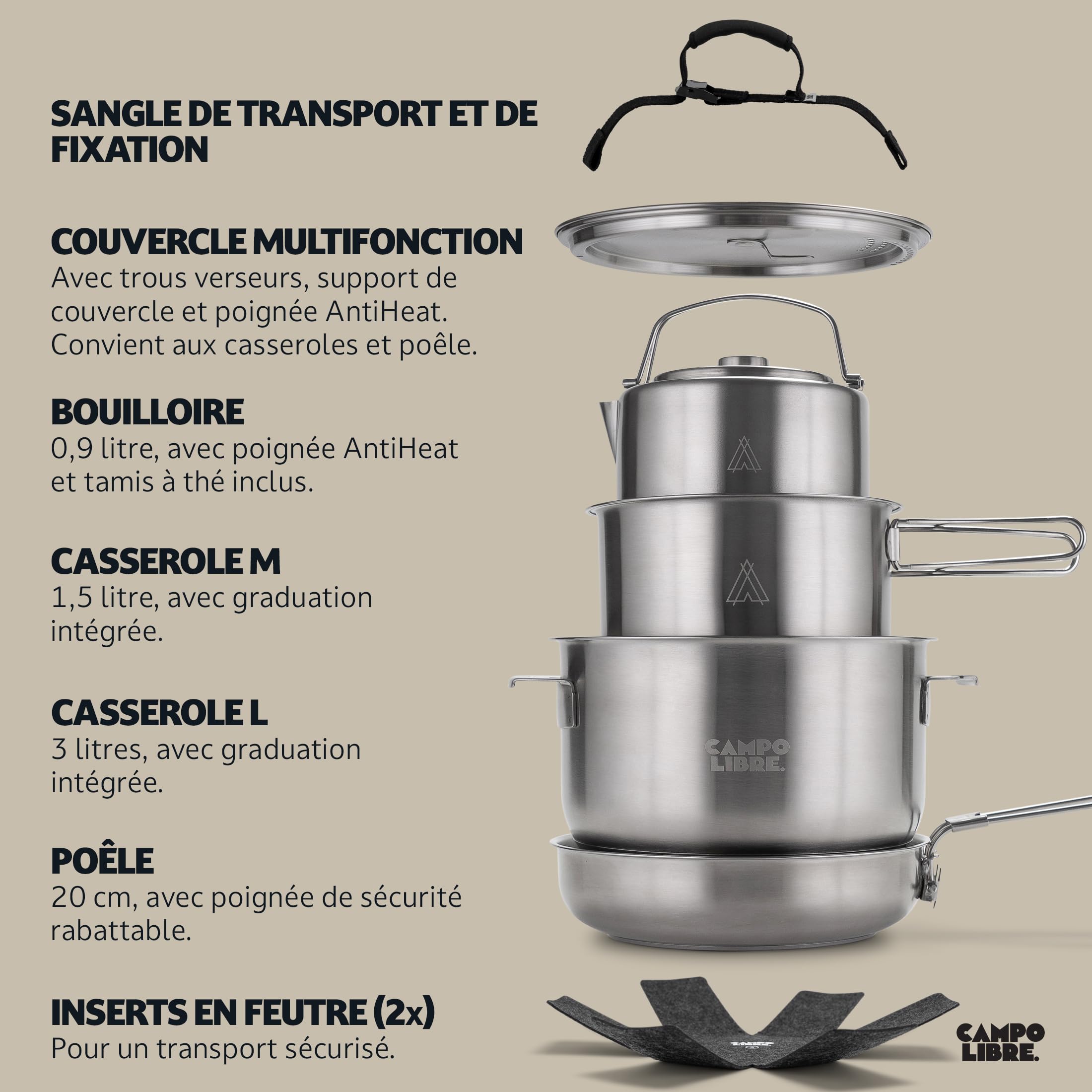 Campo Libre.® Enzo Kit de Casserole Camping – Set de Casseroles et Poeles INOX Durable, Technologie ProCore, Induction, Gaz, Batterie Cuisine INOX Extérieure, Design Compact Empilable