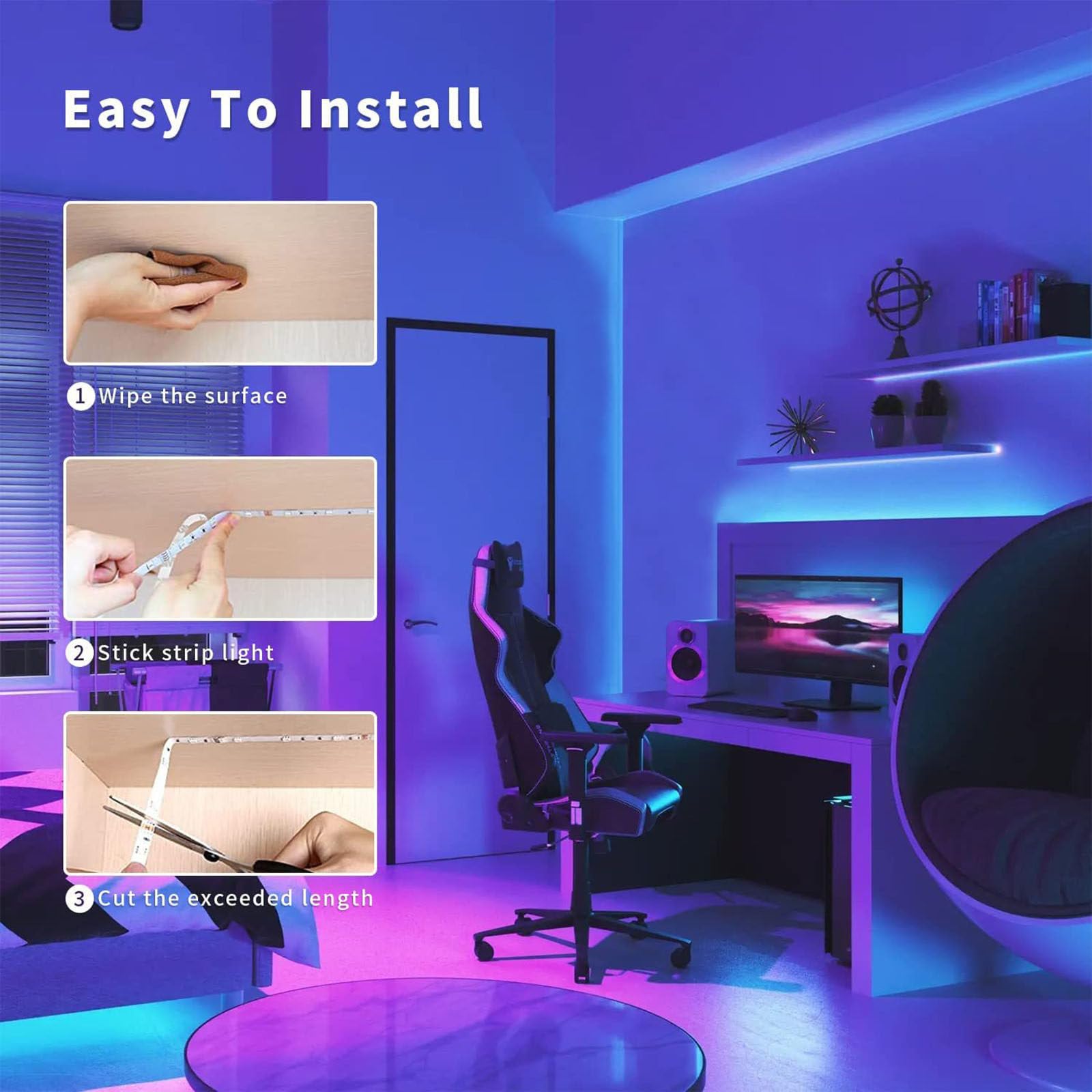 Juego de Tiras de Luces Inteligentes 5050RGB, Tira de Luces LED IP20, aplicación WiFi, Bluetooth, música, 24 Teclas, 12V, 18LM,30M