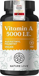 NATURE LOVE® Vegane Vitamin A - 365 Tabletten mit 5.000 IE - für Sehkraft, Haut & Immunsystem - hochdosiert, ohne unnötige Zusätze - in Deutschland produziert & laborgeprüft