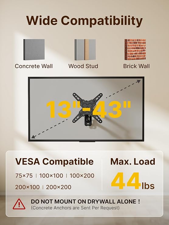 monTEK Full Motion TV Wall Mount Bracket for LED LCD Flat Screen TVs & Monitors, Swivel Tilt Extension Rotation with Articulating Arms, for 13-43 Inch & 13-55 Inch