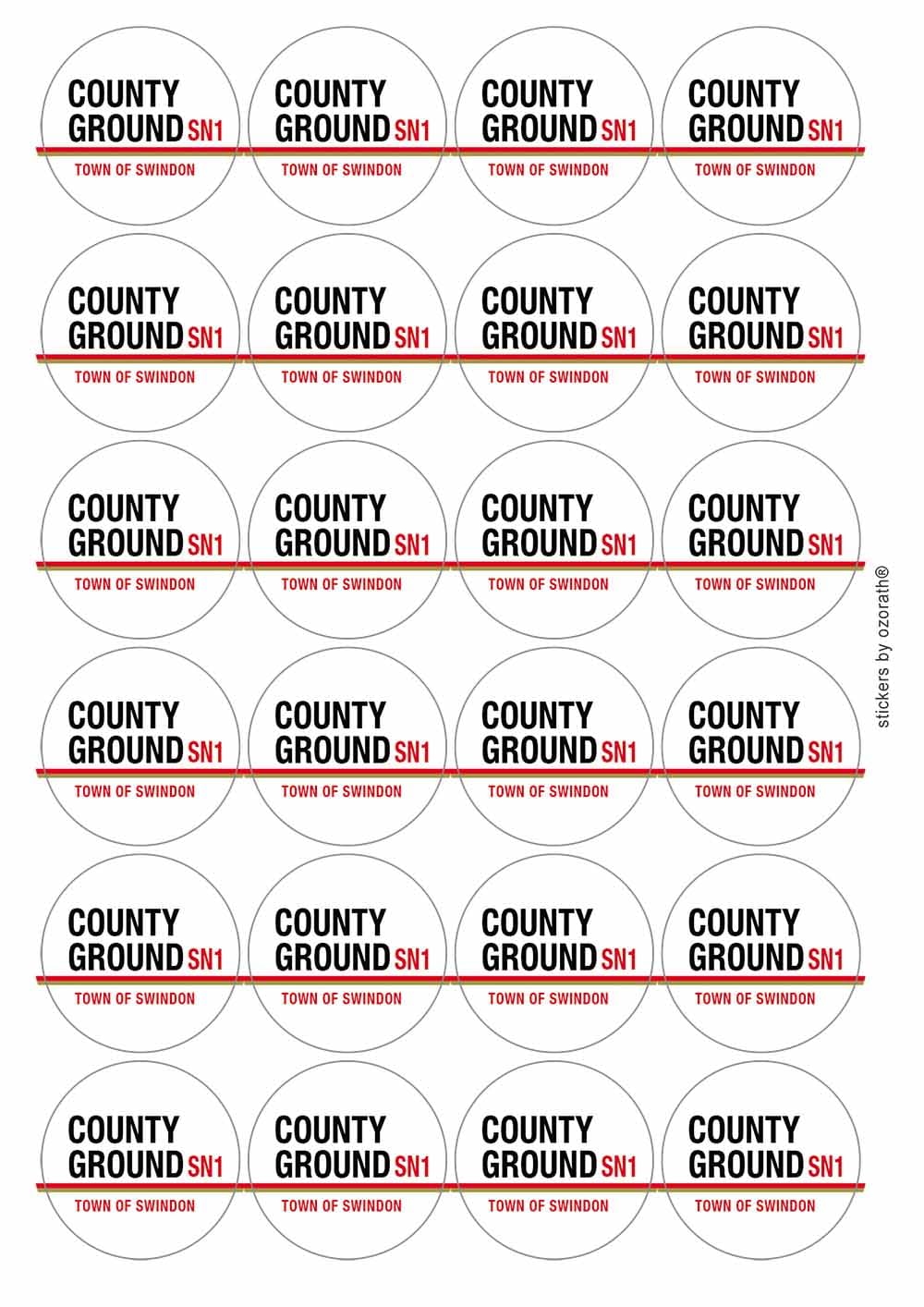 County Ground SN1 Swindon Road Sign Circular Matt Paper Stickers A4 Sheet of 24 (Each Sticker is 45mm Diameter)