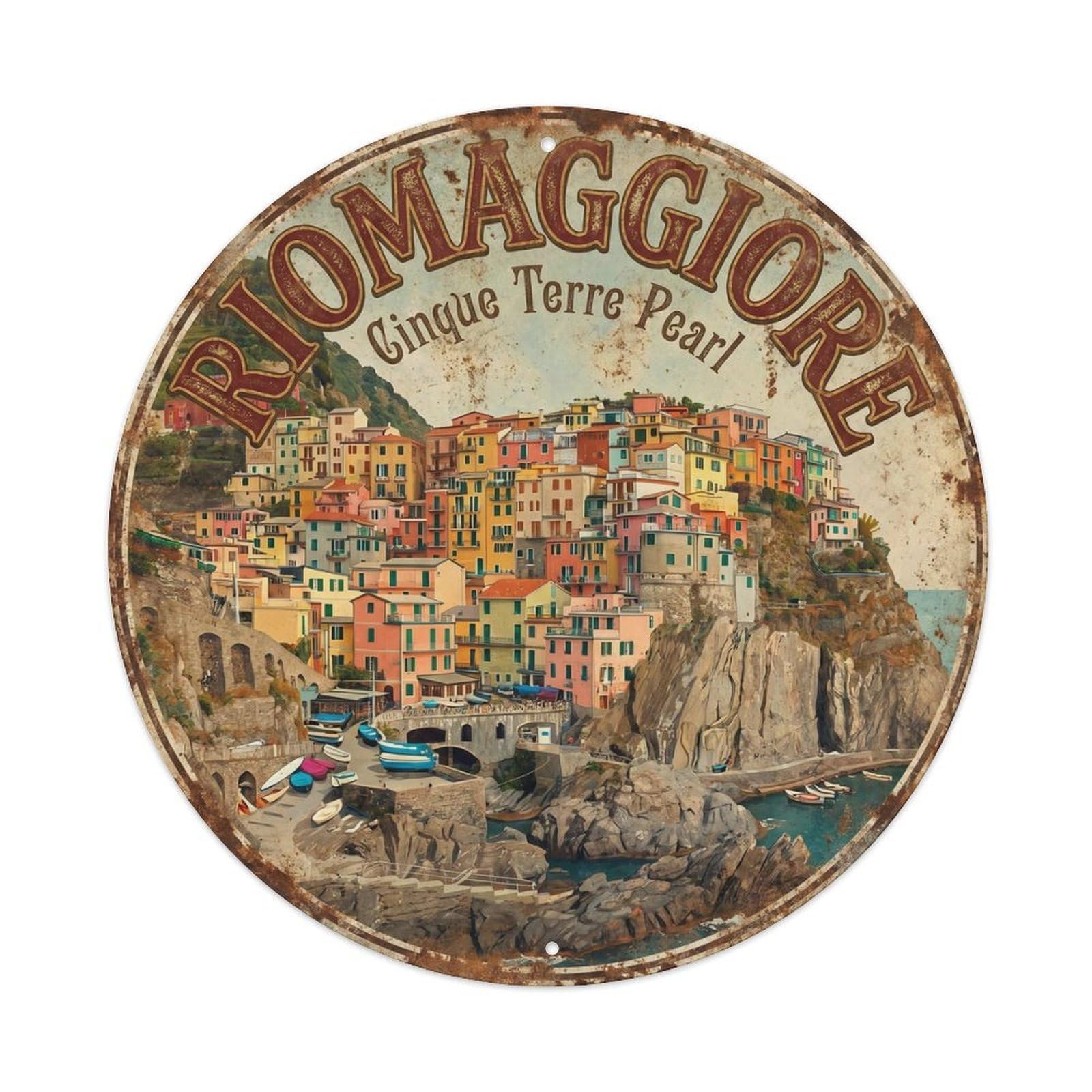 Vintage Travel Riomaggiore Cliffside Harbor Metal Tin Sign Plaque