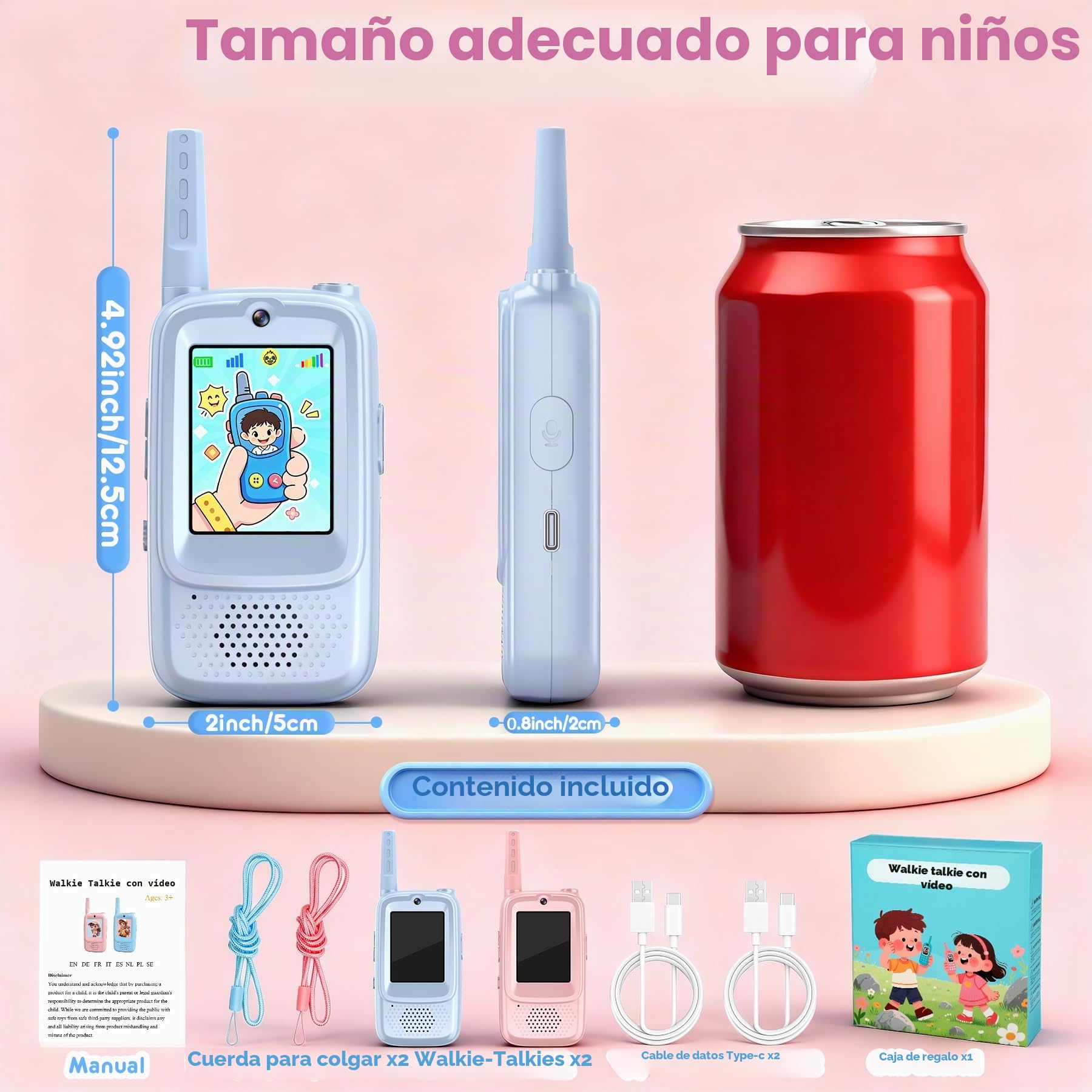 Pourbibi Walkie Talkie Niños Recargable,Walkie-Talkies con Pantalla, Alcance de 400 Metros y 4 Efectos de Voz, Juguete para Niños de 3 a 12 Años, Ideal para Exteriores y Acampadas, Alto Rendimiento.