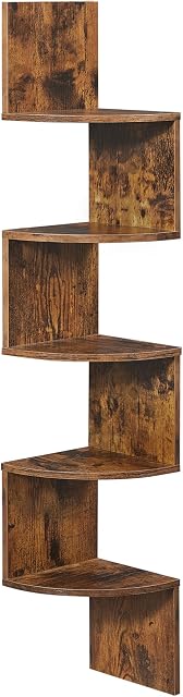 VASAGLE LBC20BX Corner Shelf, Wall Shelf, 5 Tiers, Zigzag Floating Shelf, Bookcase for Kitchen, Bedroom, Living Room, Office, Rustic Brown