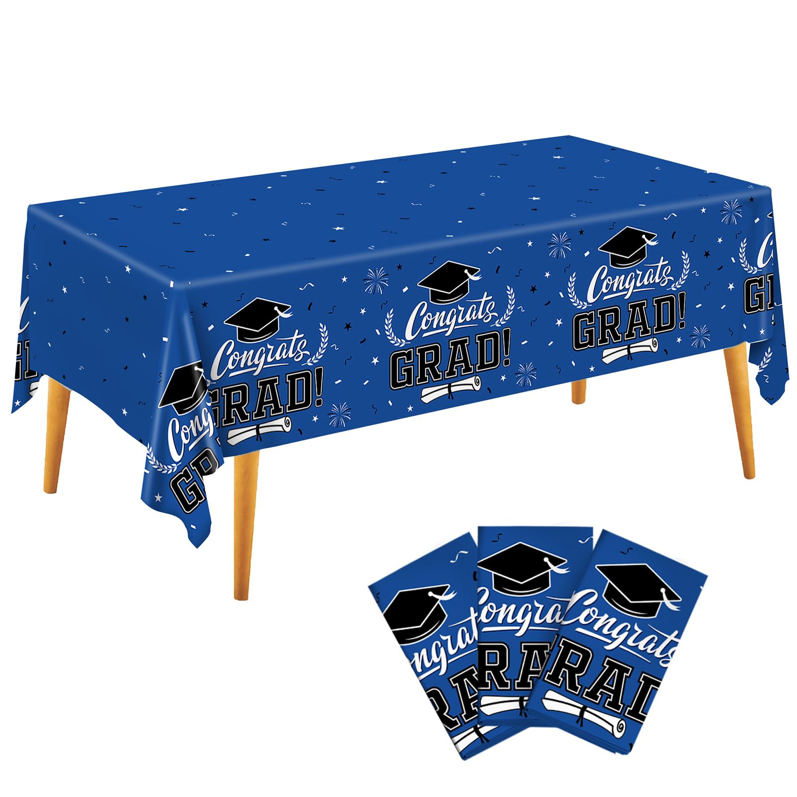 Staraise 2025 Graduation Decorations 3 Pcs Graduation Tablecloth - Blue Congrats Grad Table Cloth for Class of 2025,Disposable Plastic Rectangle Grad Table Cover for Party Supplies,51.2x86.6inch