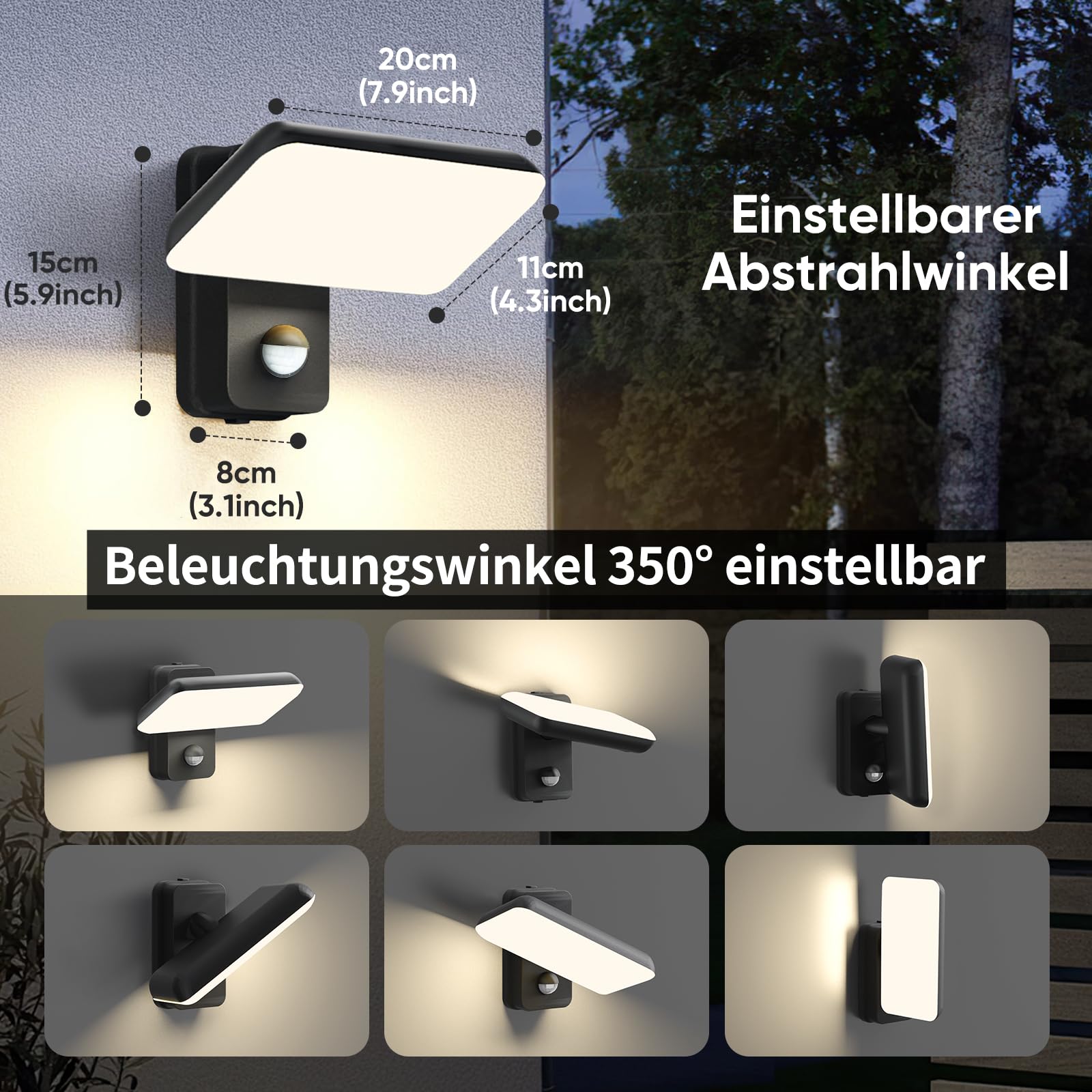 brightower 24W Außenwandleuchte Außenlampe mit Bewegungsmelder,IP65 LED Wandleuchte Außen Aluminium mit Schwenkbar LED Panel,Warmweiß 3000K Außenleuchte für Garten Terrasse (Schwarz 1 Stück)