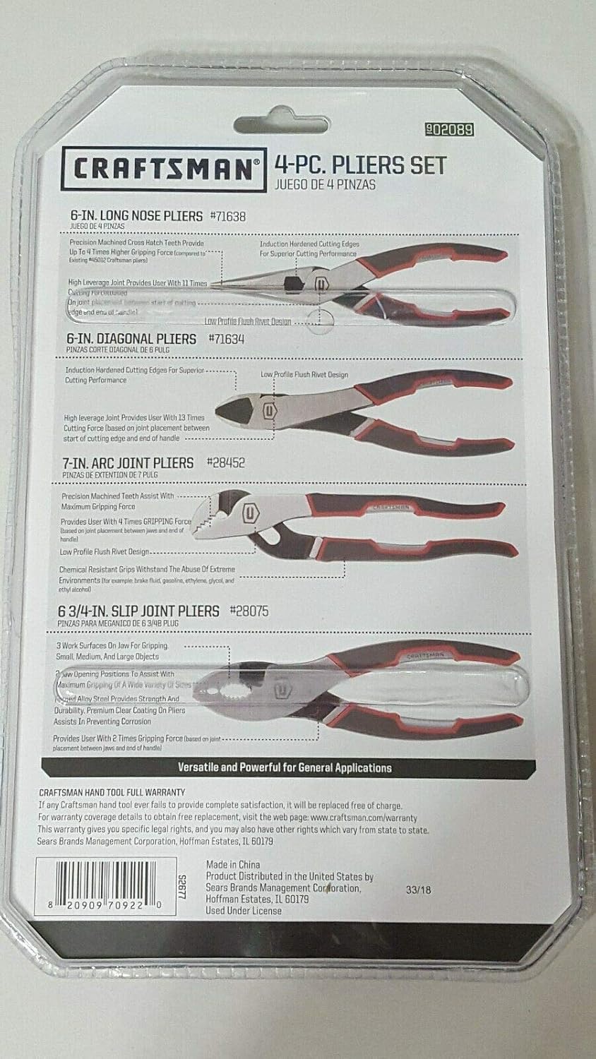 CRAFTSMAN 4 Piece Pliers Set TruGrip Handles with 2-13X Cut Force # 02089