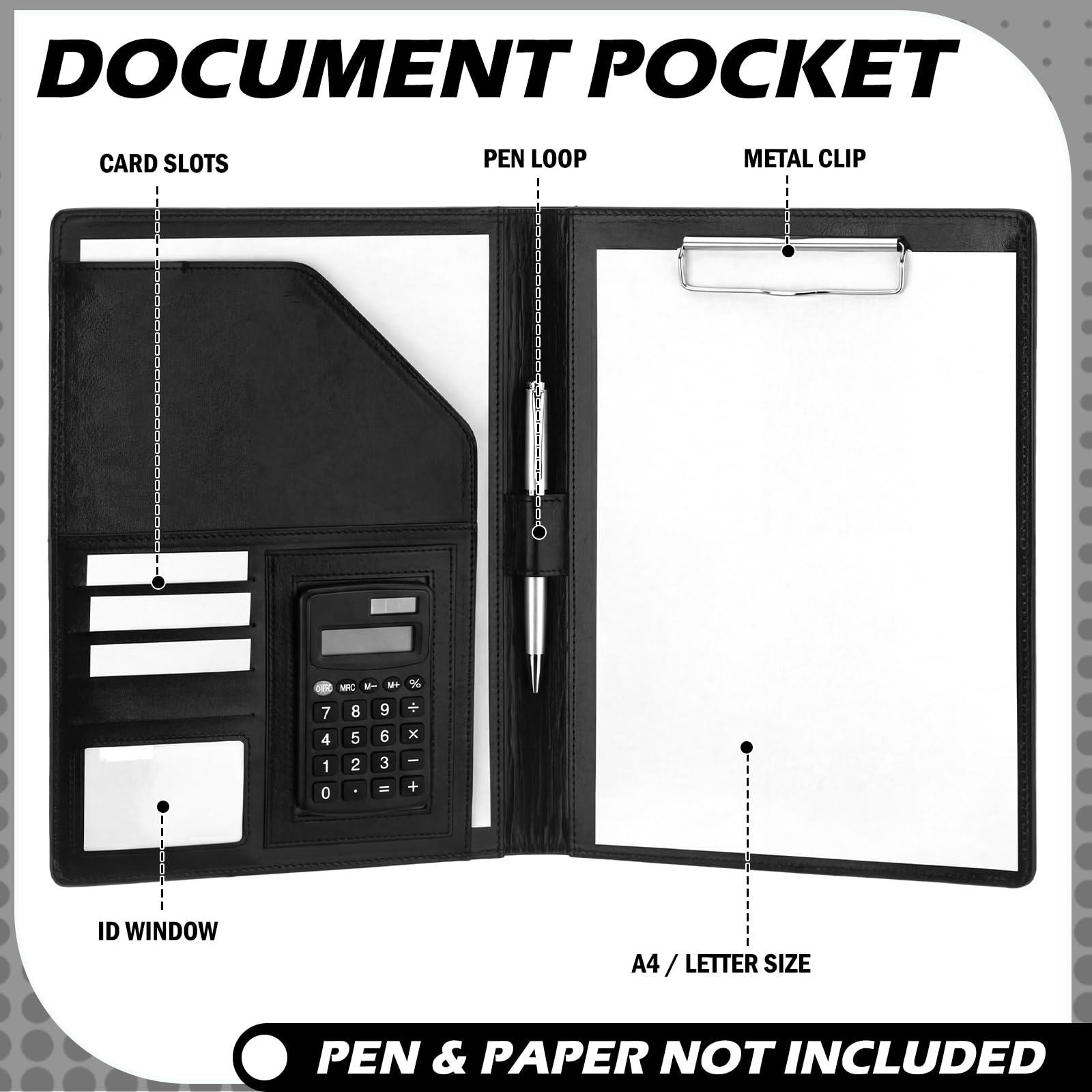 Fuyoooo 2 raccoglitori professionali in pelle, con portablocco, formato A4, formato lettera, blocco note legale, per lavoro, scuola, ufficio, conferenze (nero)