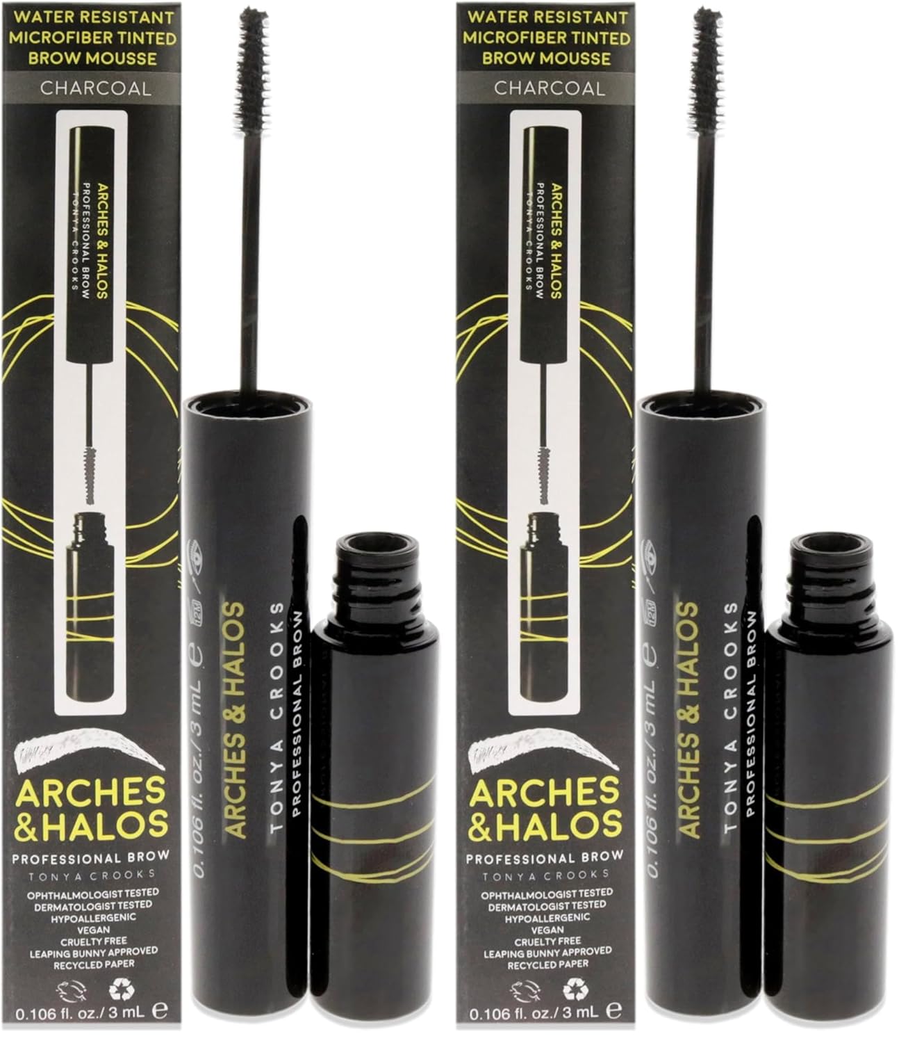 Arches & Halos Microfiber Tinted Brow Mousse - Highly Pigmented Brow Color - For Full and Bold Brows - Vegan and Cruelty Free Makeup - Charcoal, 0.106 fl oz (Pack of 2)