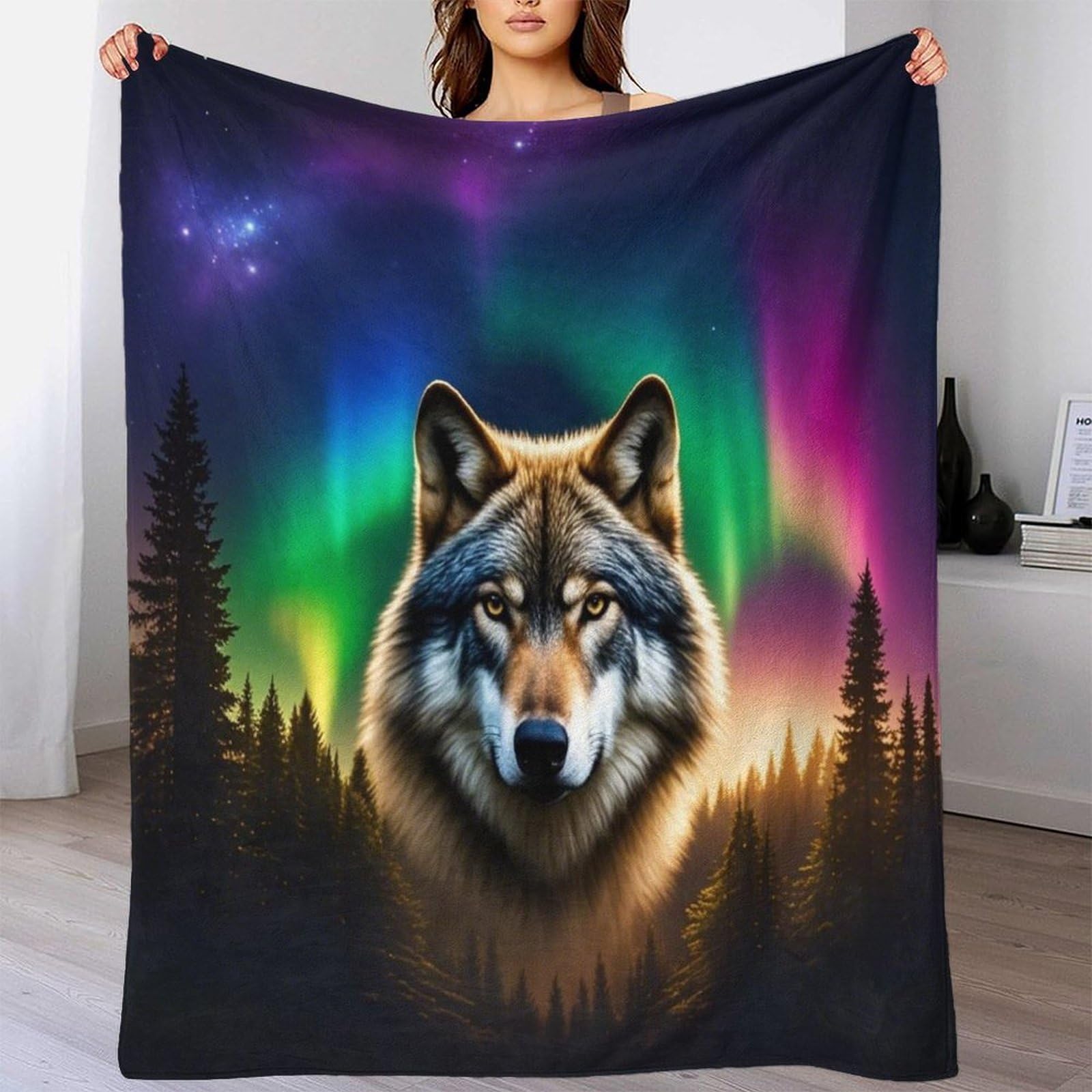 LILIlaobiao Fleece Lone Wolf Blanket Sofa Throw 40x50inch(100x130cm) - Fluffy Soft Warm Versatile Colorful Aurora Blanket for Sofa/Couch/Bed Throw, Portable Fleece Travel Blanket