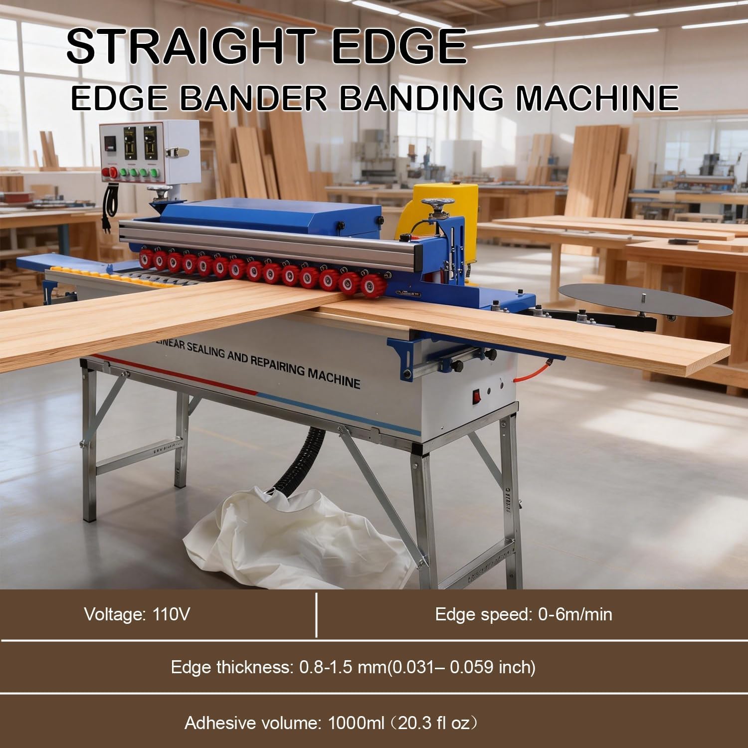 Woodworking Edge Banding Machine Straight Edge Bander Machine with Dust Extraction Function Upper Control Panel Double-Side Gluing Automatic Tape Breaking 110V