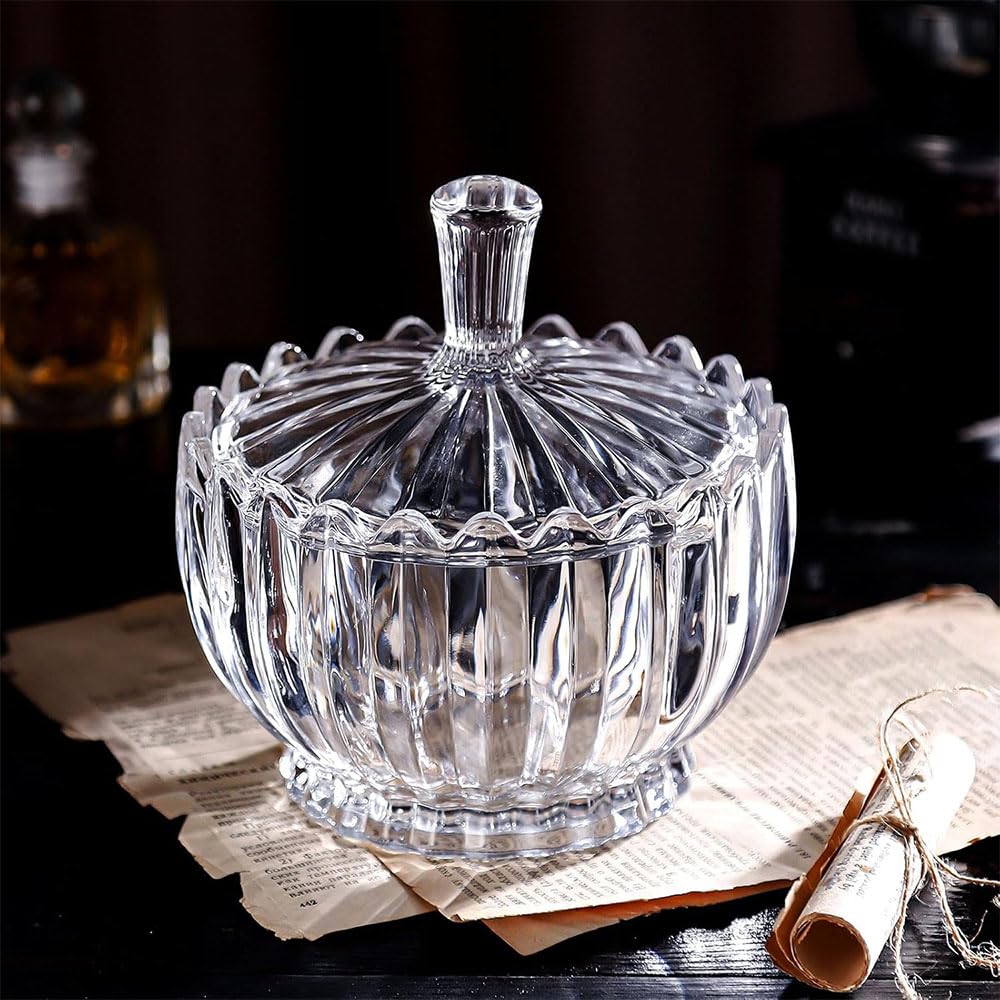 Zuckerdose Glas mit Deckel Bonbonservierer Crystal Candy Bonbonglas Glasbehälter mit Deckel Rund Süßigkeiten Aufbewahrung Party Küche Deko Spülmaschinengeeignet (L)