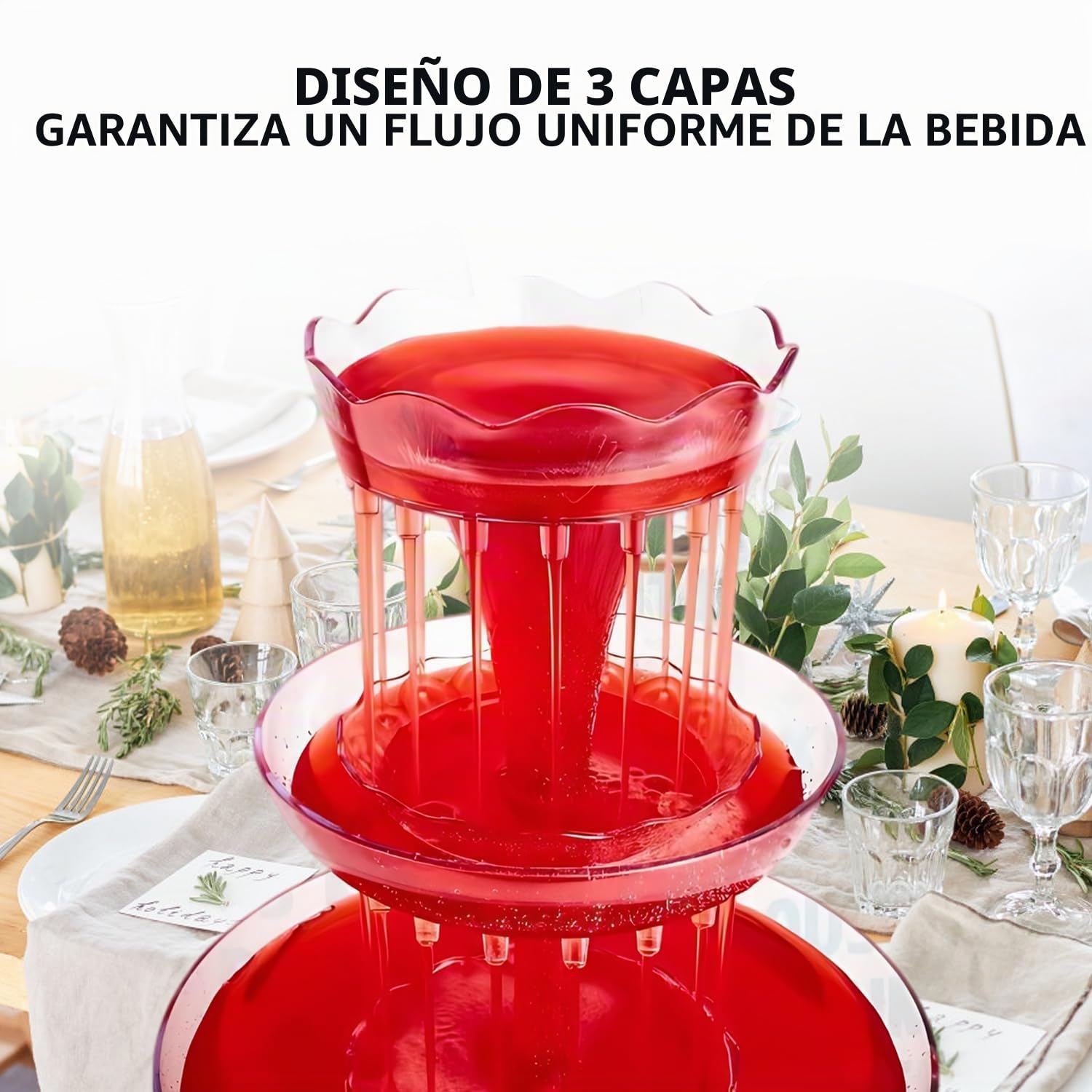 Fuente de Fiesta Transparente de 3 Niveles, Máquina de Fuente de Vino | 5 Vasos Reutilizables y 1 Cepillo, Base LED, Torre de bebidas para Pubs, Fiestas en Casa y Fiestas de Cumpleaños