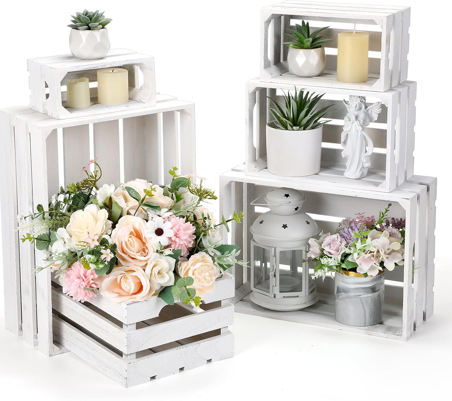 6 Pcs Decorative Wood Crates for Storage Display Rustic Nesting Crates with Handle Farmhouse Wooden Storage Container Boxes for Wedding Decorations Christmas Party Supplies (Vintage White)