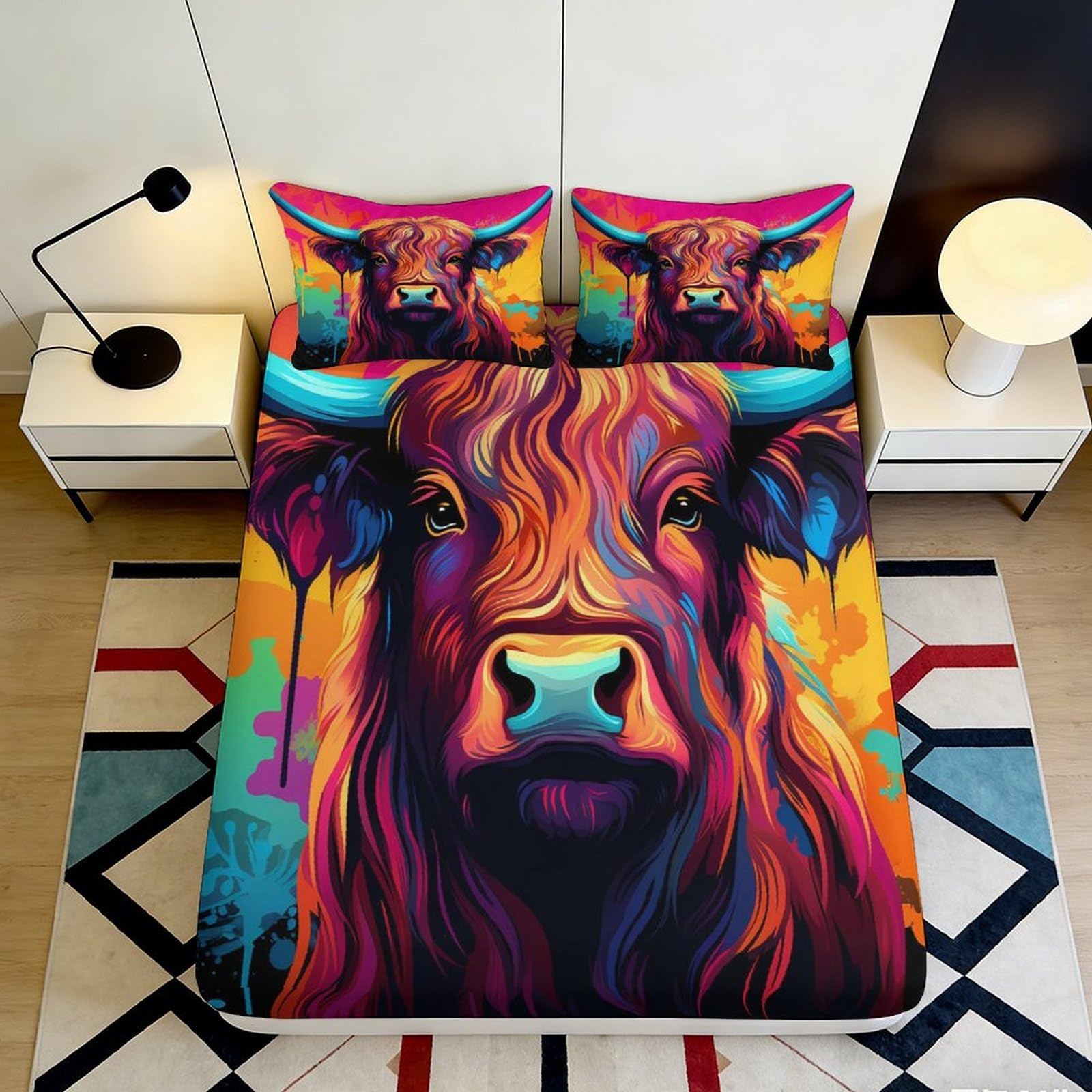 3D Printed Colorful Highland Cow Fitted Sheet Microfiber Soft Anti-Slip Vibrant Cattle Bed Cover for Bedroom Dorm Mattress Protection Decor 200x200x25cm