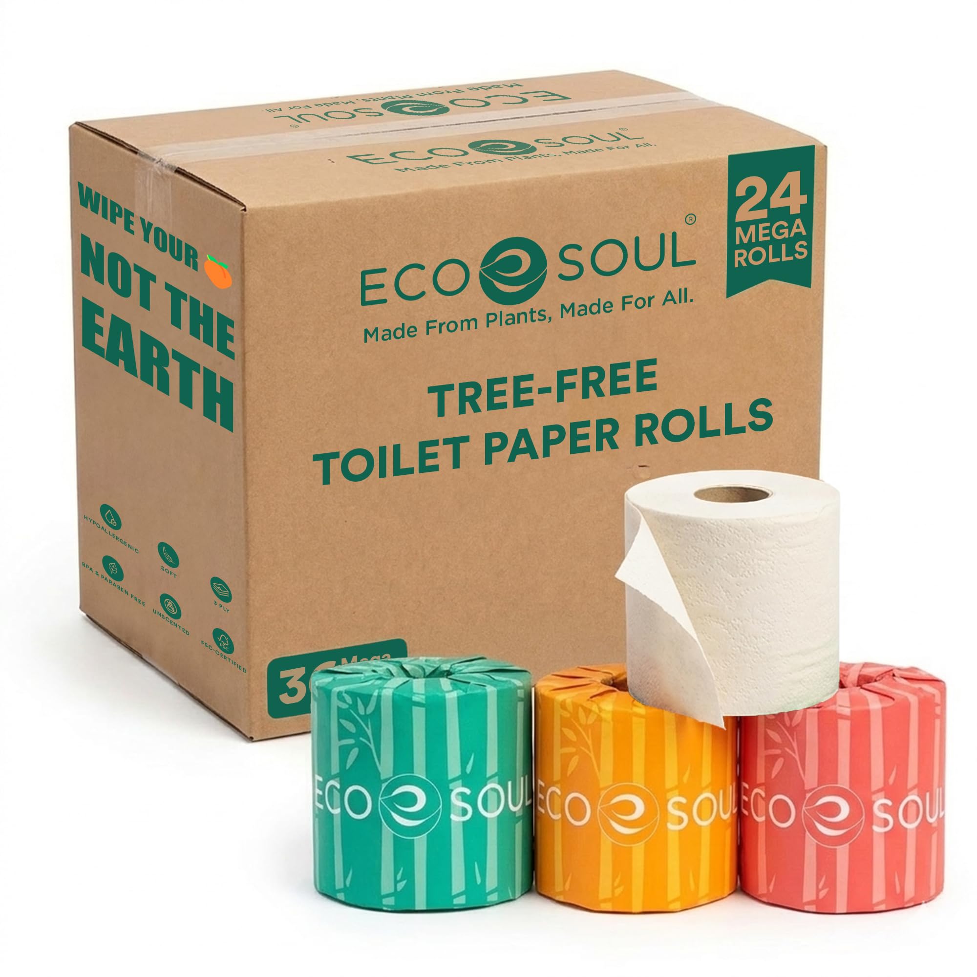 ECO SOUL Papel higiénico de bambú, 24 megarrollos, 3 capas, 300 hojas por rollo, papel higiénico ecológico y seguro para sépticos, papel higiénico sostenible, compostable, certificado FSC