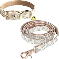 Vista 7 de KUDES Collar básico ajustable con campana y correa de 4 pies, collar de cuero duradero con patrón a cuadros y correa con hebilla de metal