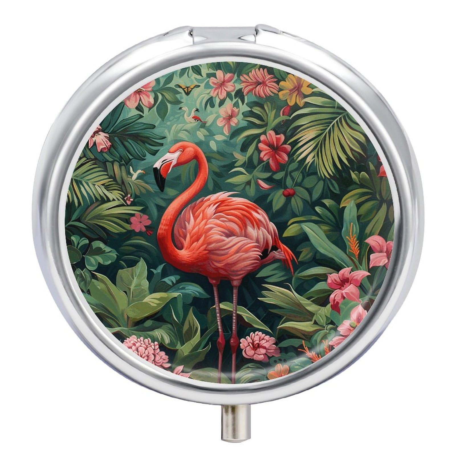 Pill Box 3 Compartment Medicine Pill Case Portable Round Pillbox Week Pill Holder Container for Vitamin Medicine Supplement Flowers Around Flamingos Small Pill Organizer
