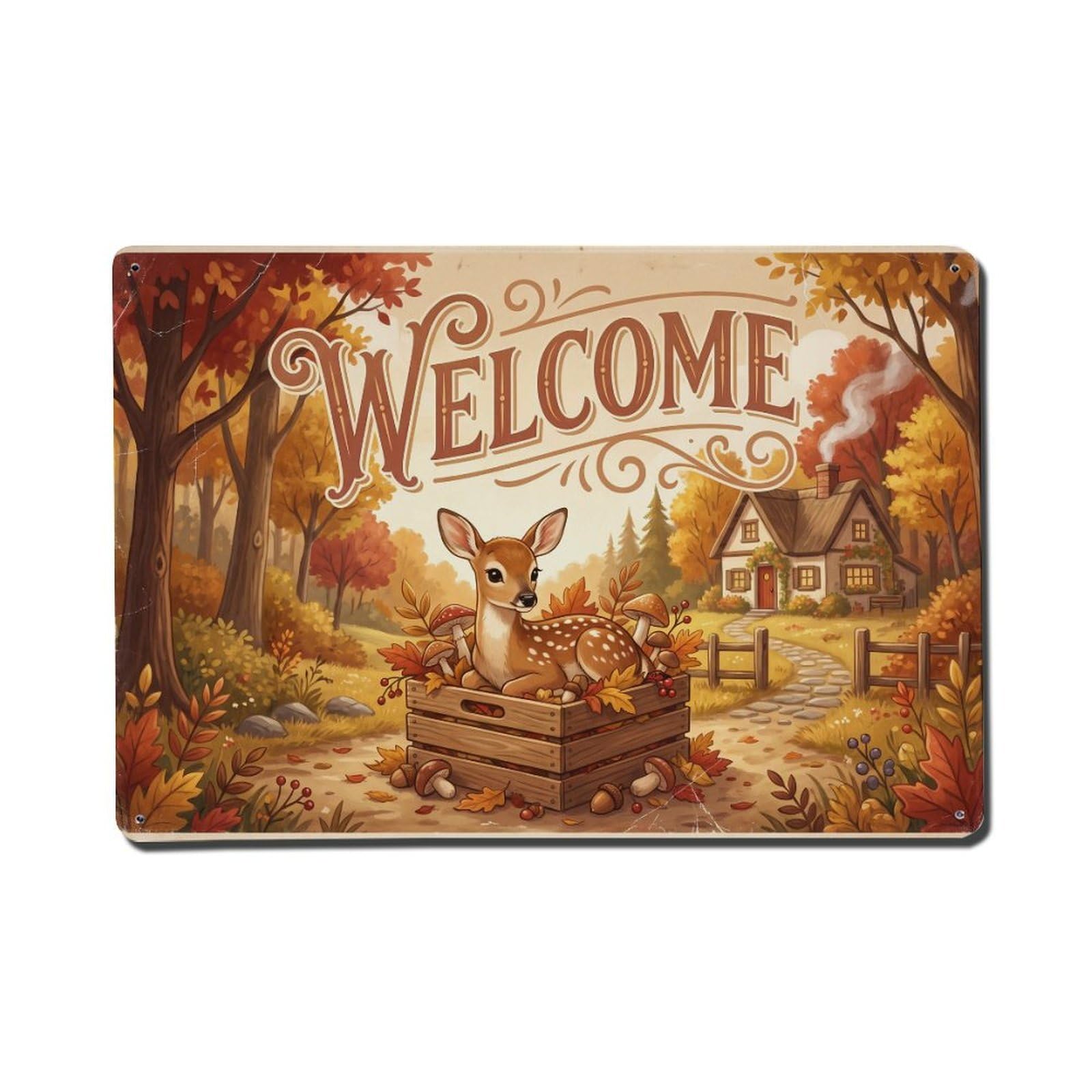 Vintage Welcome Fawn Farmhouse Metal Tin Sign