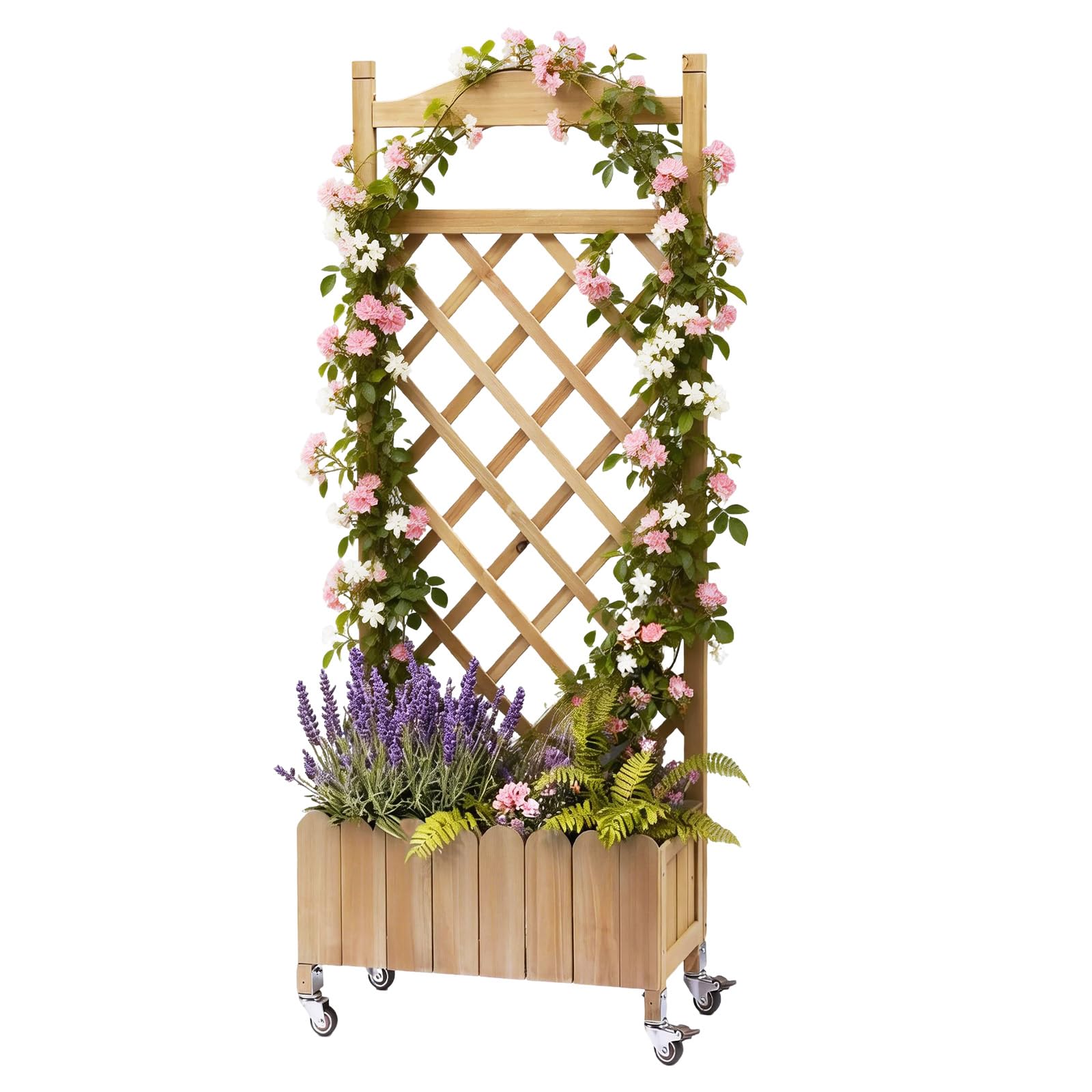 Fioriera in legno con grigliato e ruote, rialzata, resistente alle intemperie con fori di drenaggio, per giardino, balcone e terrazza, 49 x 28 x 116 cm – Marrone chiaro