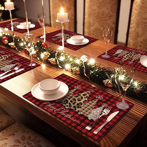 Miniatura 4 de ZHXL - Juego de 4 manteles individuales con diseño de árbol de Navidad con estampado de leopardo, línea de algodón de búfalo rojo, resistentes a las