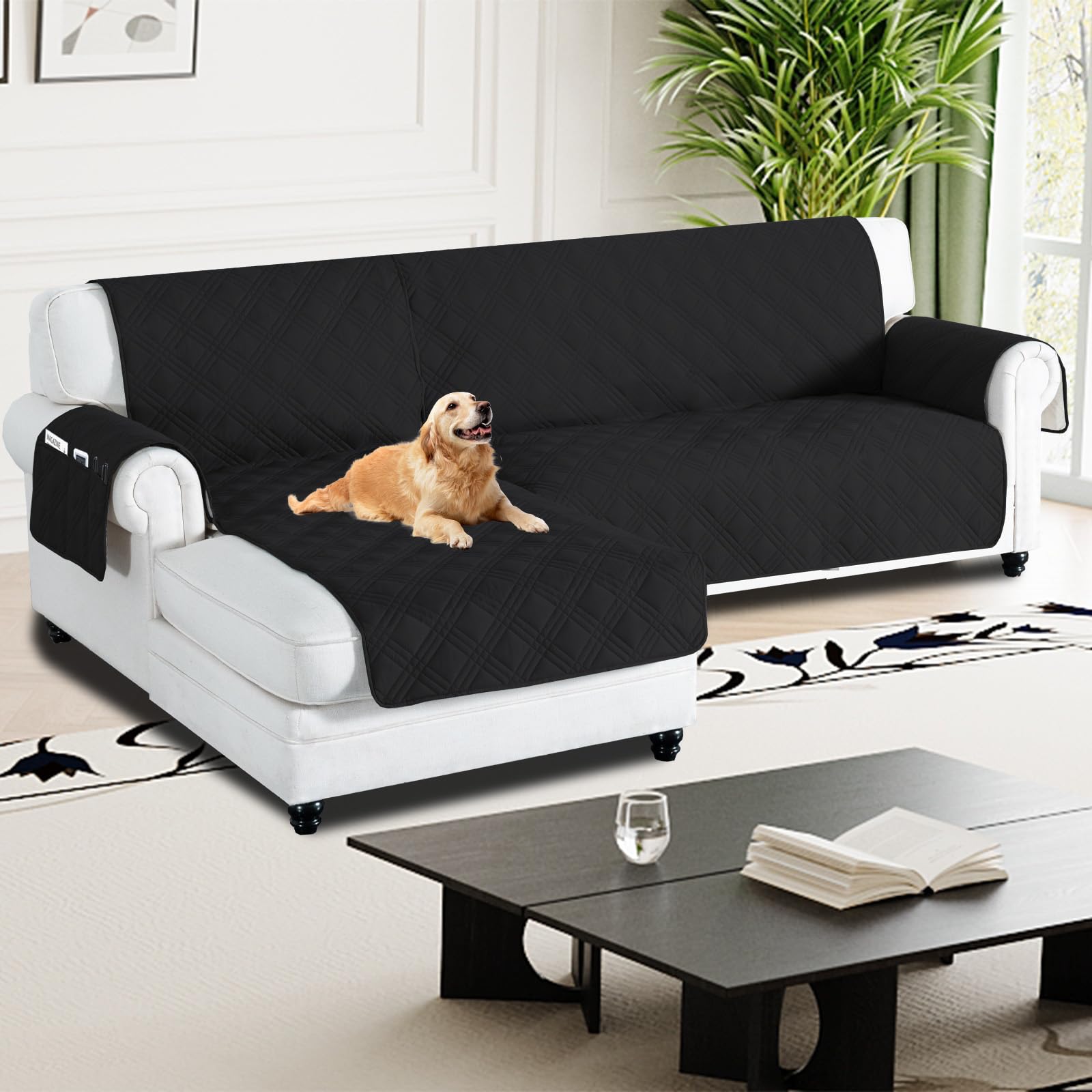 H.Versailtex 100% Waterproof Couch Covers for Sectional Sofa 2-Piece Non Slip Corner Sofa Cover Sectional Couch Cover L Shaped for Dogs (Left Chaise Lounge Cover + 3 Seat Sofa Cover, Black) โ image 1