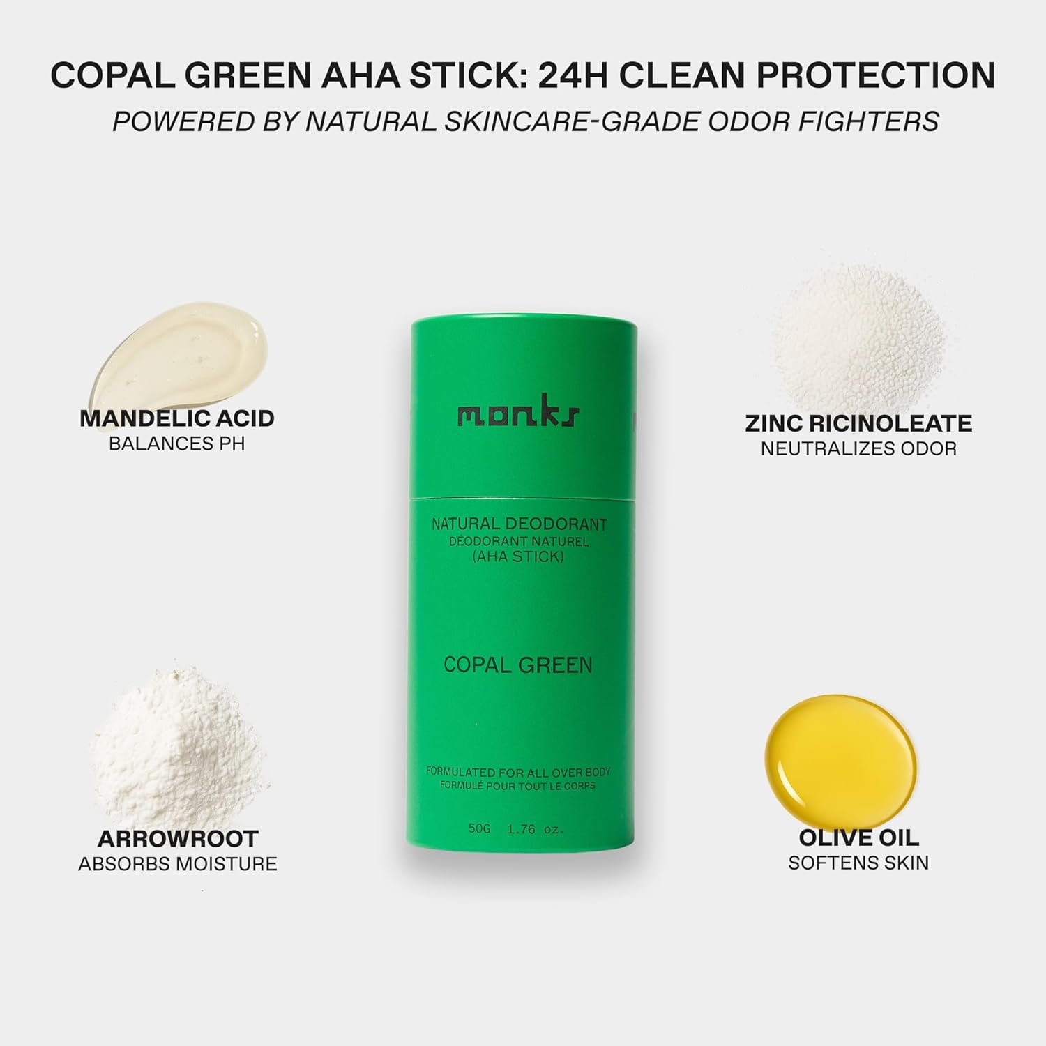MONKS Whole Body Natural Deodorant Stick - For Women and Men, Aluminum-Free, Baking Soda Free, Organic AHA’s, Pure Essential Oils (Copal Green) - Image 3