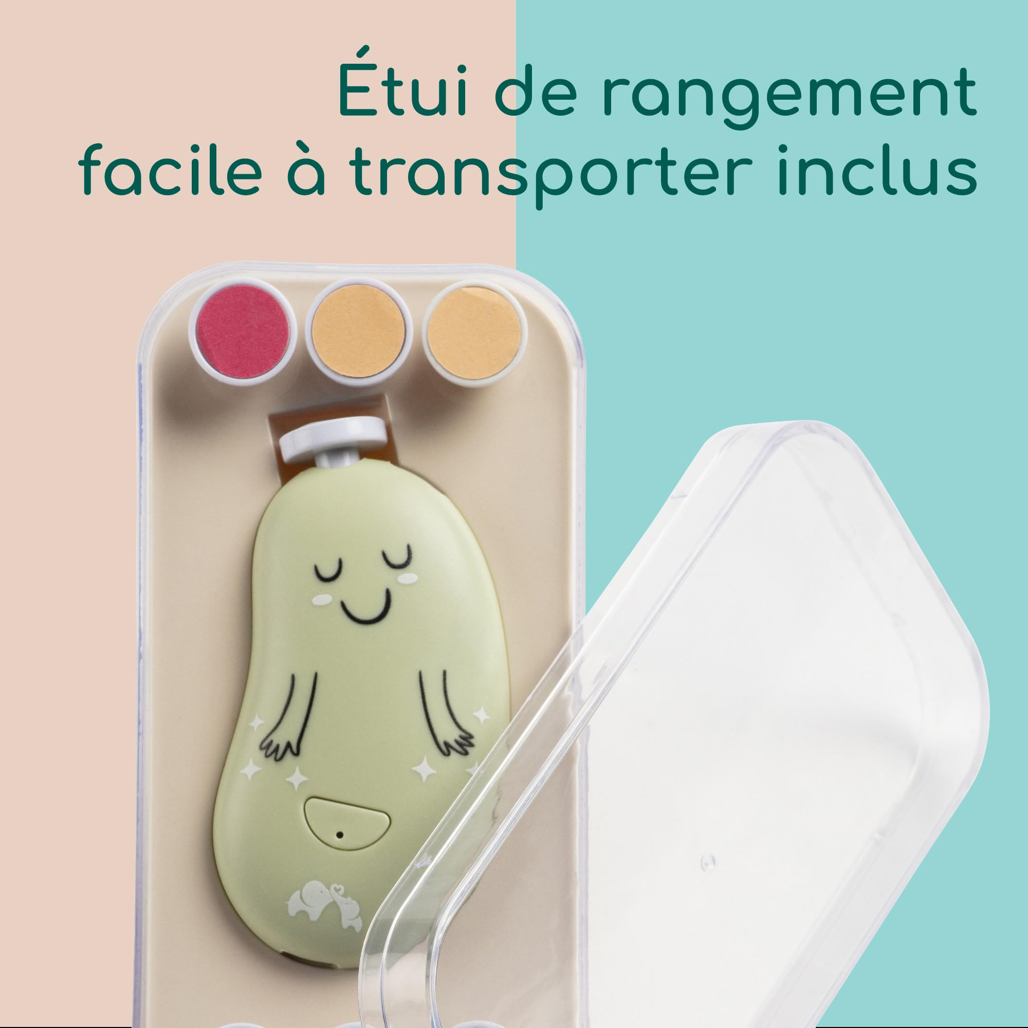 Bebeconfort Lime à Ongle Electrique Bebe, Dès la Naissance, Pour Bébé et Tout-petit, 7 Limes à Ongles Avec Différentes Textures, Recharge USB-C, 3 Vitesses, LED Intégrée, Étui De Rangement, Vert