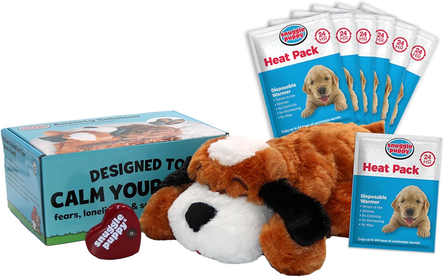 Original Snuggle Puppy Toys - Heartbeat Puppy for Dogs - Pet Anxiety Relief and Calming Aid - Comfort Dog Toys for Behavioral Training - Plus 6 Heat Packs
