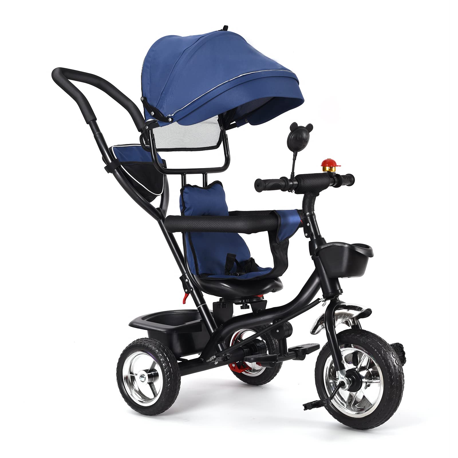 Tricycle évolutif 4 En 1 Bébé 9 Mois à 5 Ans - Avec Canne Parentale, Harnais, Panier, Ombrelle - Bleu