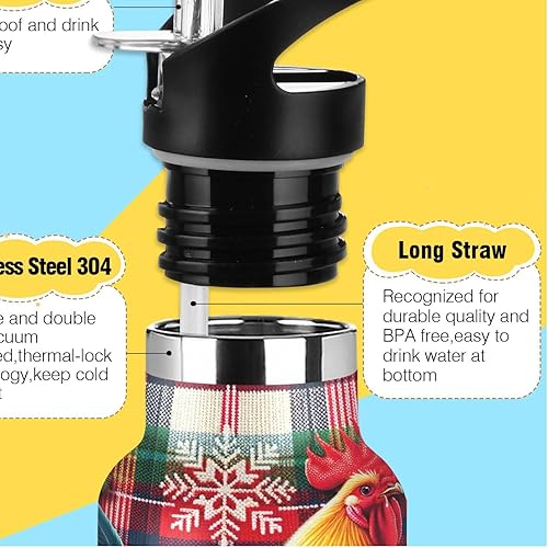 Miniatura 3 de Botella de agua para niños con popote para la escuela, botella de agua de 20 onzas con aislamiento para niños y niñas, sin BPA, gallo de Navidad