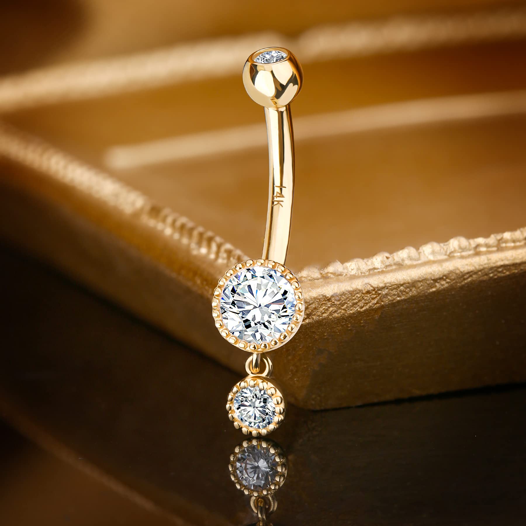 OUFER Body Piercing Belly Button Bars 14G Navel Bar 14K Solid Gold Double Round Clear CZ Belly Bars Navel Piercing Jewellery
