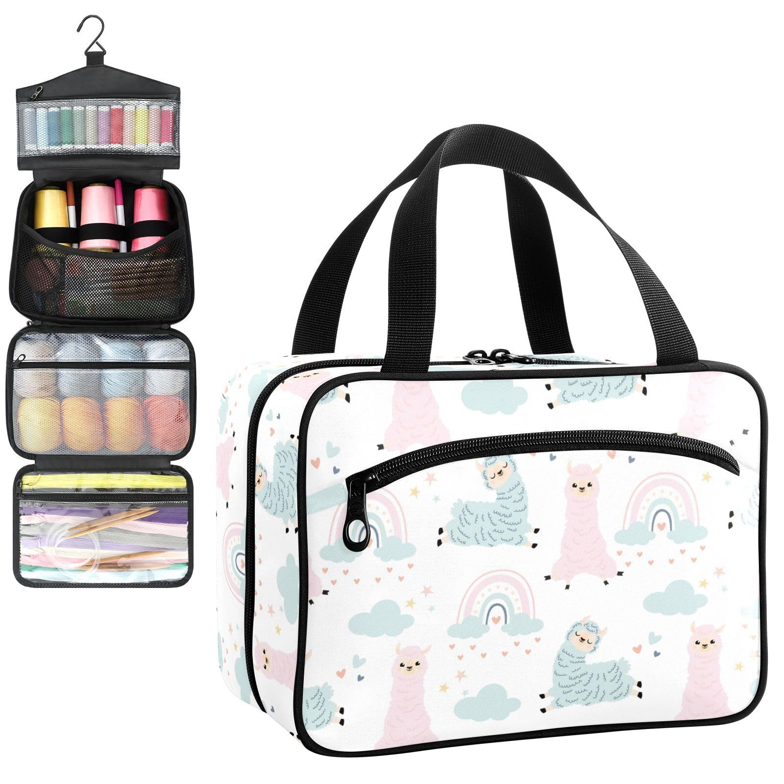 YNNALE Sewing Supply Organizer Bag, Cute Llamas with Rainbow Alpaca Portable Sewing Bags with Pockets&Hanger, Sewing Storage Box Case for Sew Supplies/Kit/Tools/Accessories (BAG ONLY)