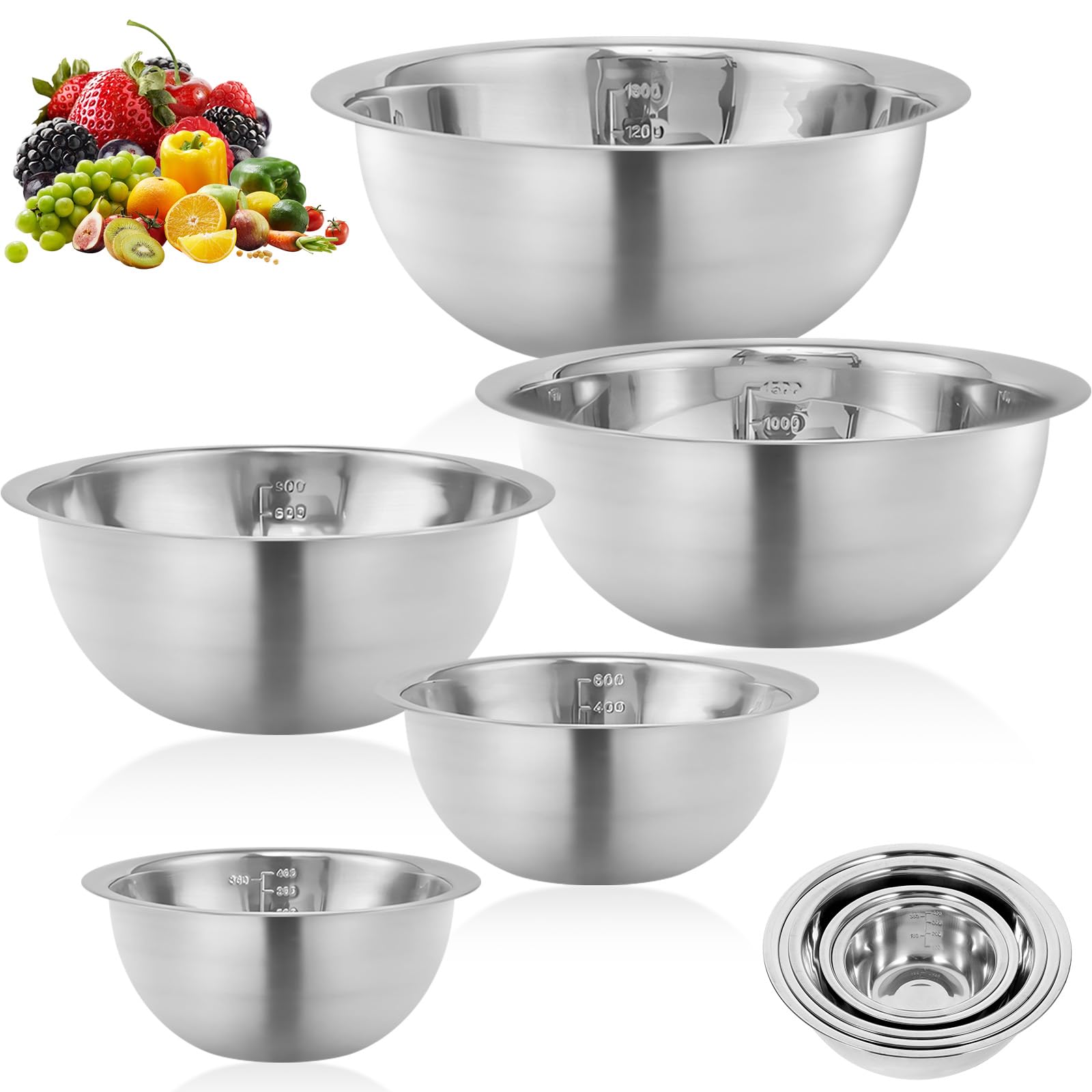 Bol mélangeur anti-gel et ergonomique en inox avec marques de mesure - 5 Pcs